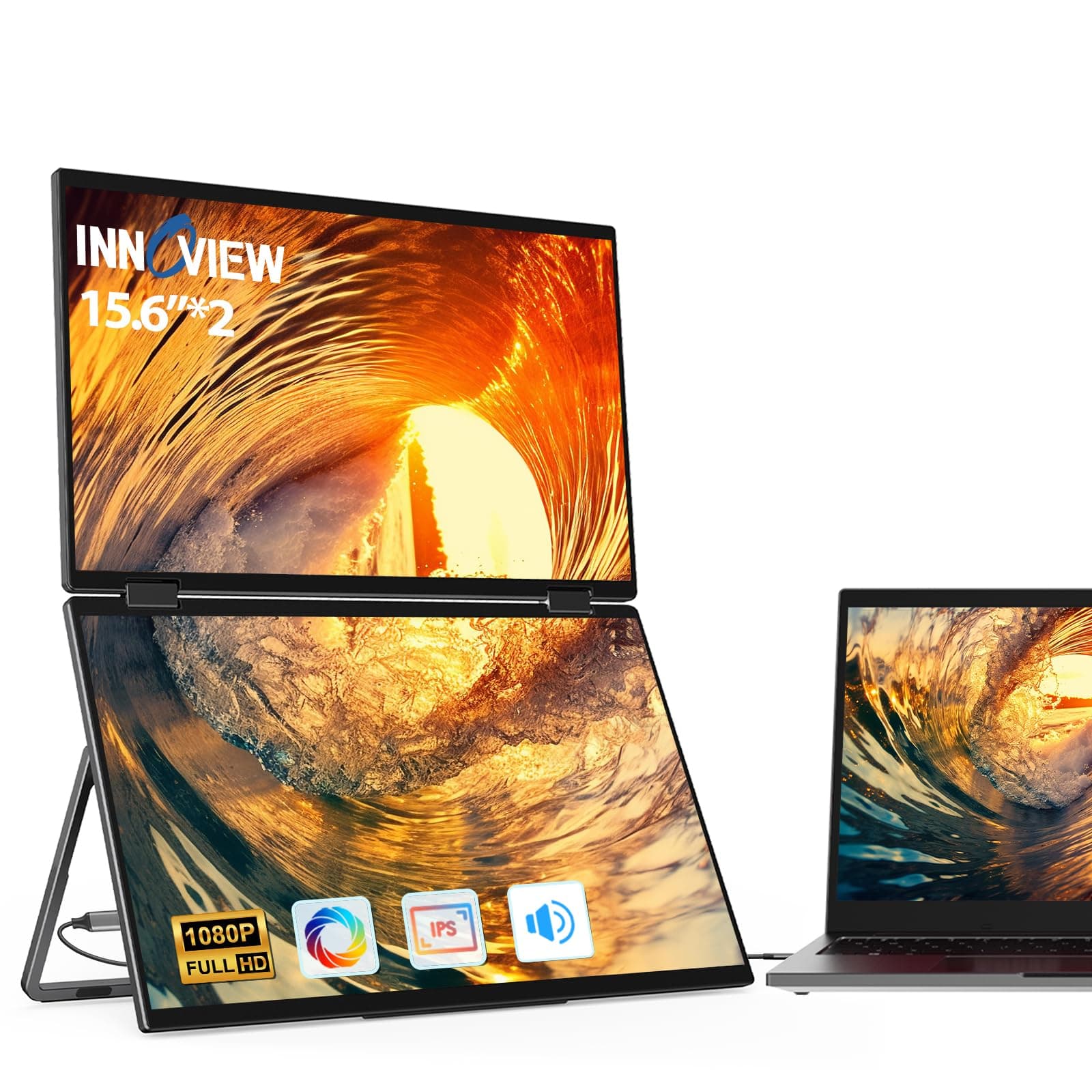 InnoView Laptop Screen Extender 15.6" Dual Monitors Stacked Folding Triple Monitor (Wins/Mac) 1080P Triple Portable Monitor for Laptop 90°/180° Automatic Rotation Black