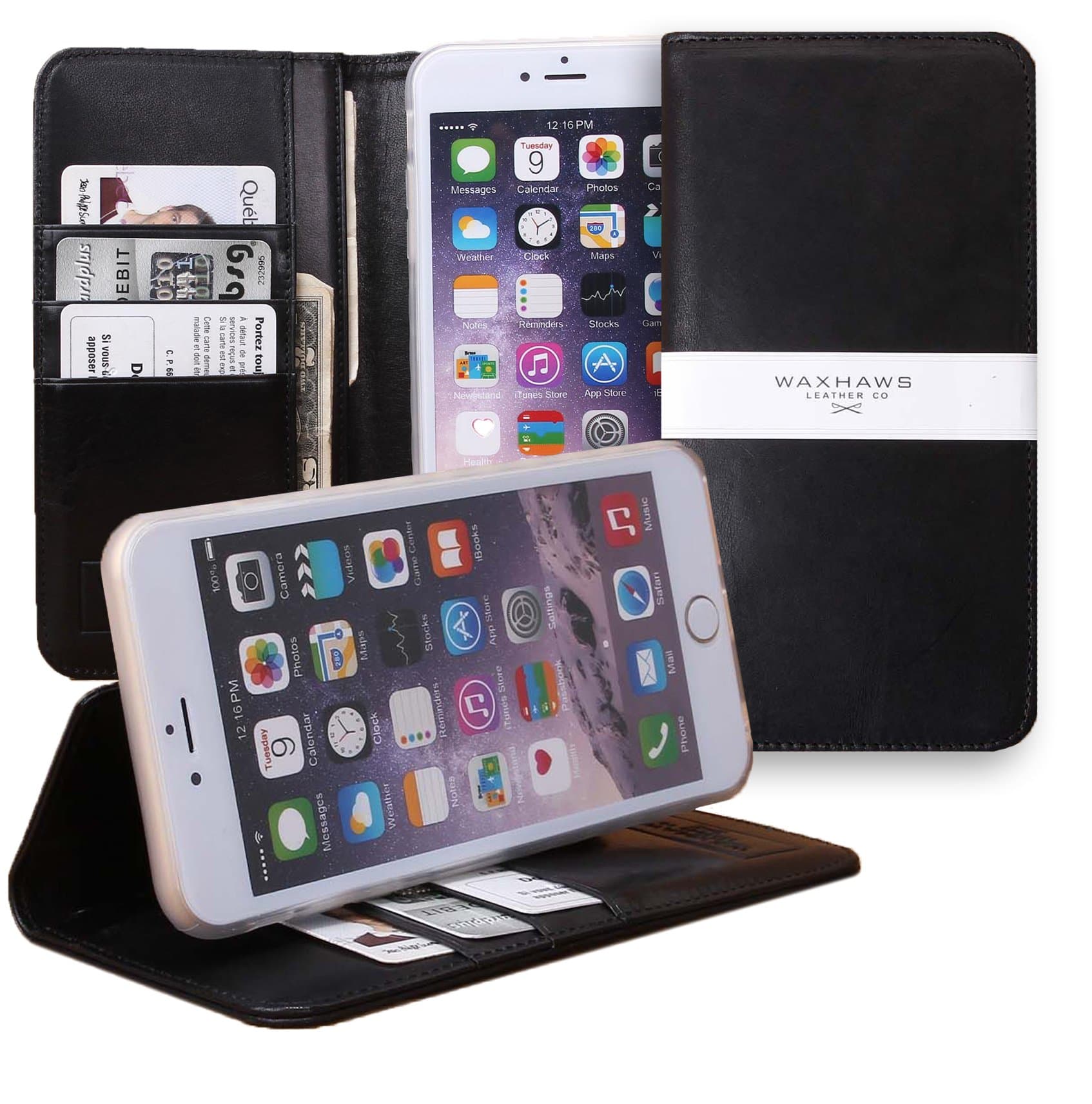 iPhone 6 Plus, 6s Plus Wallet "The Classic" w/ Kickstand (Black). The Best Full Grain Vegetable Tanned English Bridle Leather from Italy