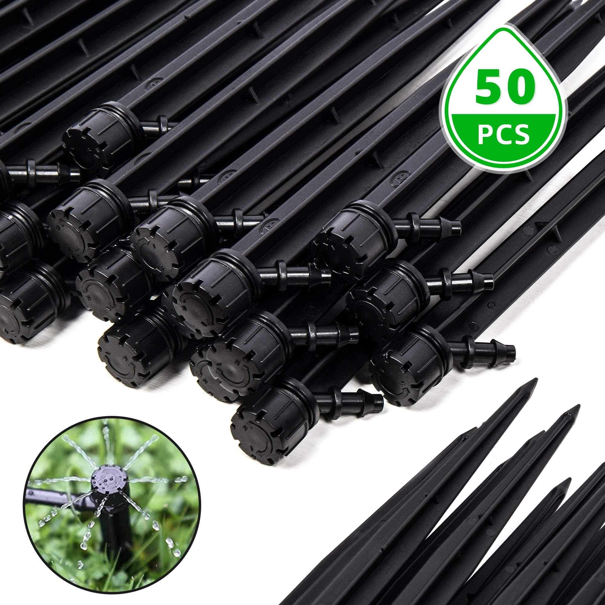 EOX Drip Irrigation Emitters, 50 PCS Water Flow Irrigation Drippers 1/4 in Adjustable Drip Emitters Spray Garden Quarter Inch Drip System Emitters 360 Degree Vortex Irrigation Drippers Watering Stake