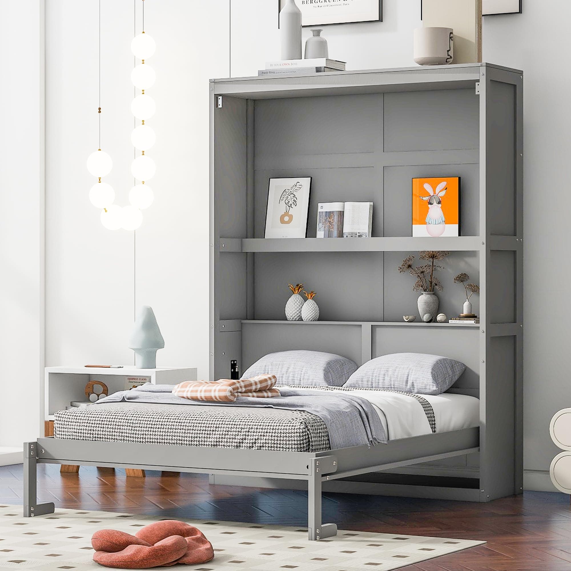 Full Size Murphy Bed Wall Beds with Storage Shelves,Hide Away Bed Frame Easily Folds into Wood Cabinet,W/Mattress Holder,for Small Space,Guest Room,Apartment,Gray