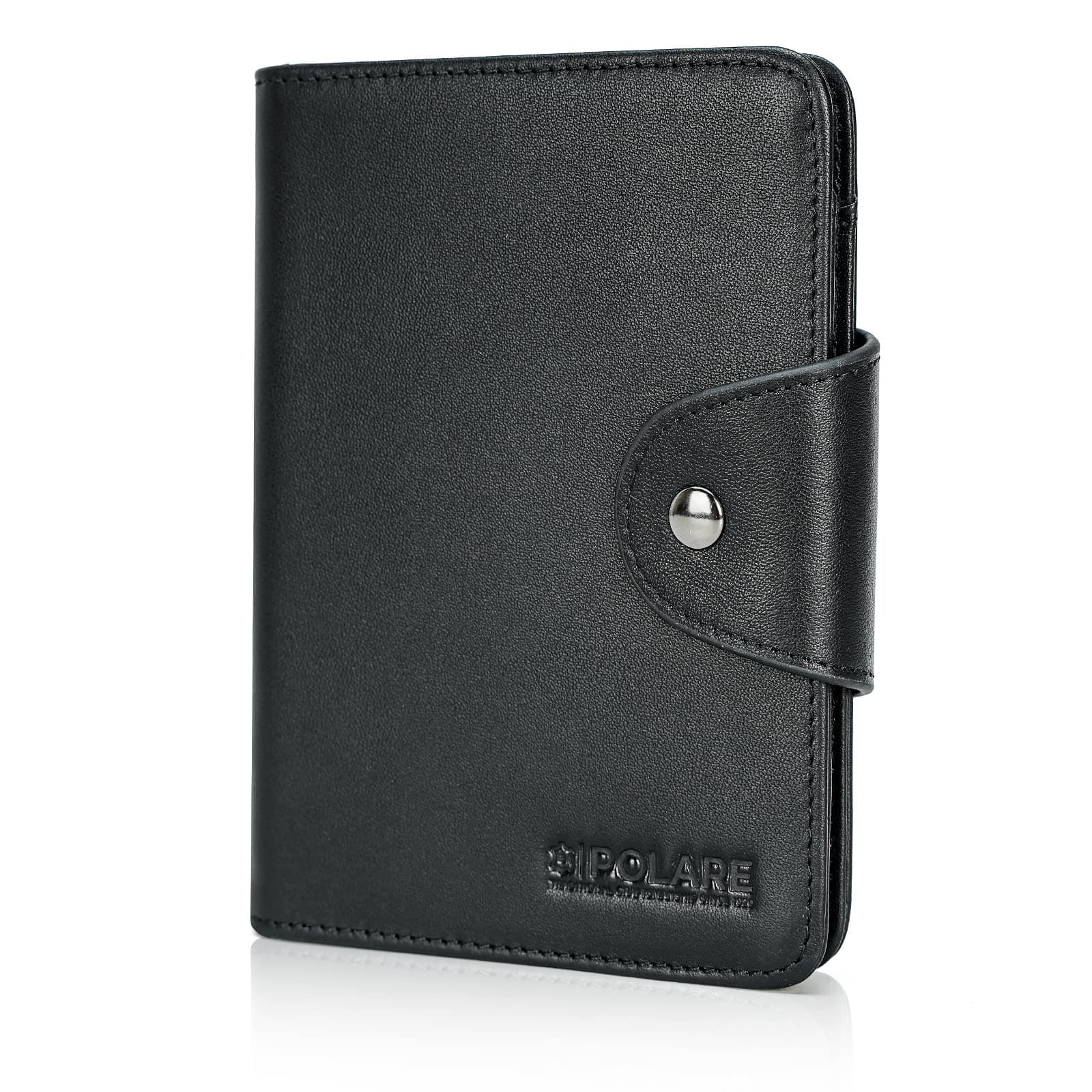 Polare Full Grain Leather Slim and Soft RFID Blocking wallet For Men Snap Bifold Travel Wallet Passport Holders 2 Passports, Black, Vintage
