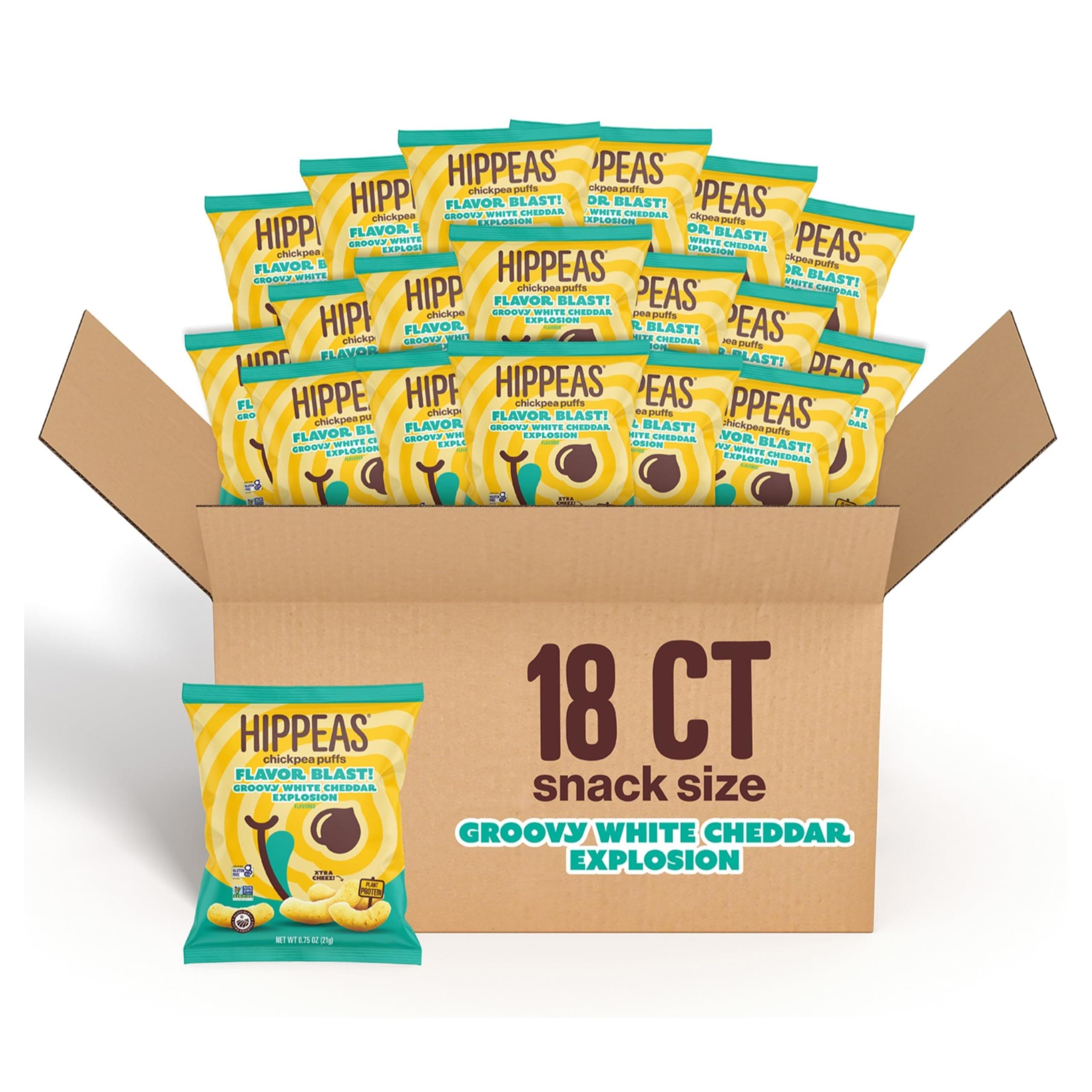 Hippeas Chickpea Puffs, Flavor Blast: White Cheddar Explosion, 0.75 Ounce (Pack of 18), 3g Protein, 2g Fiber, Vegan, Gluten-Free, Crunchy, Plant Protein Snacks