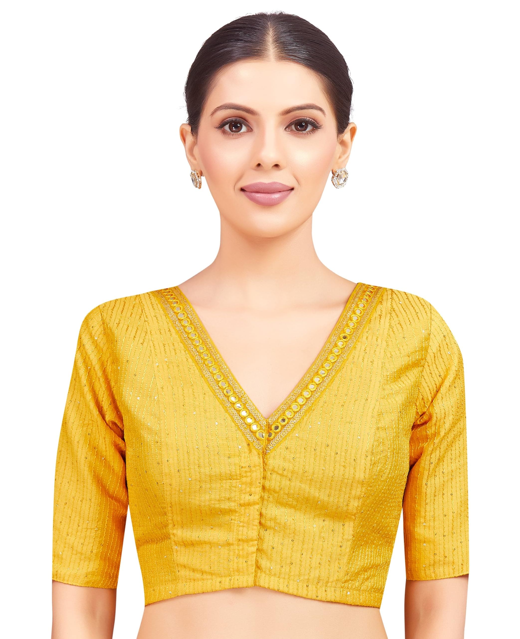 Studio Shringaar Women's Readymade Polyester Elbow Length Sleeves Saree Blouse with Mirror Work