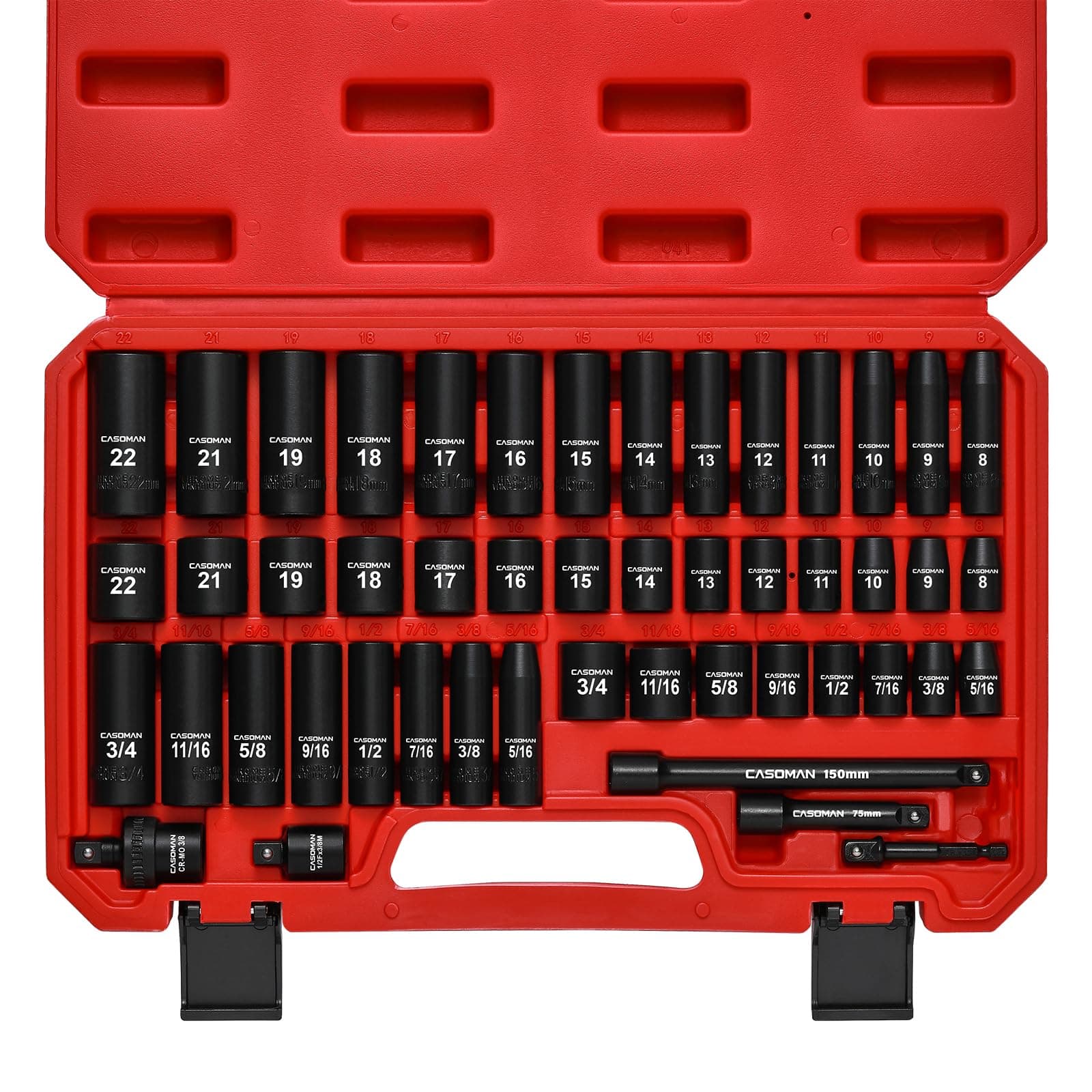 3/8" Drive Impact Socket Set, 48 Piece Standard SAE and Metric Sizes (5/16-Inch to 3/4-Inch and 8-22 mm), 6 Point, Cr-V Steel Socket Set