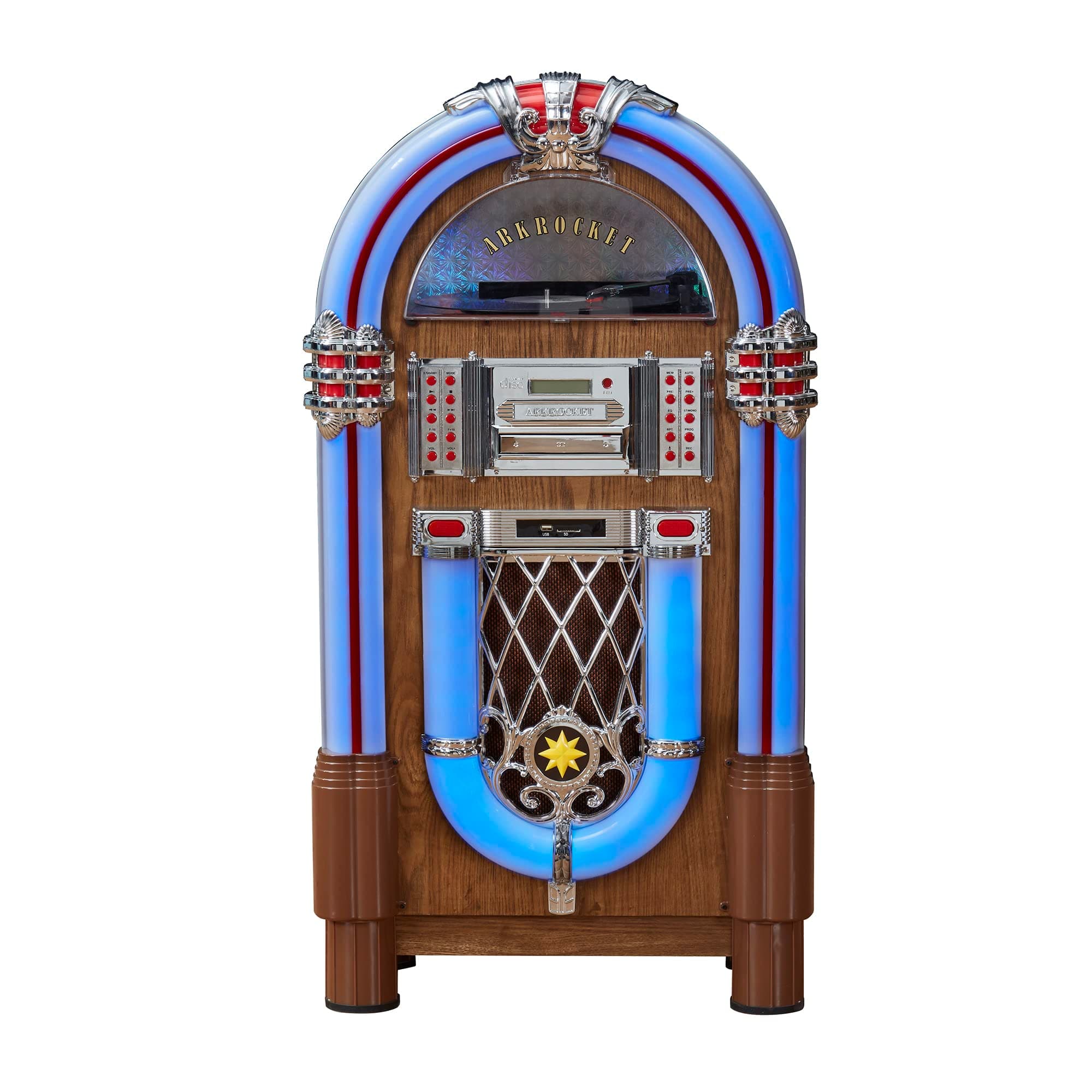 Full Size Jukebox Vinyl Record Player Bluetooth USB SD CD Player Radio Retro Turntable Classic Jukebox (Taurus II - Oak)