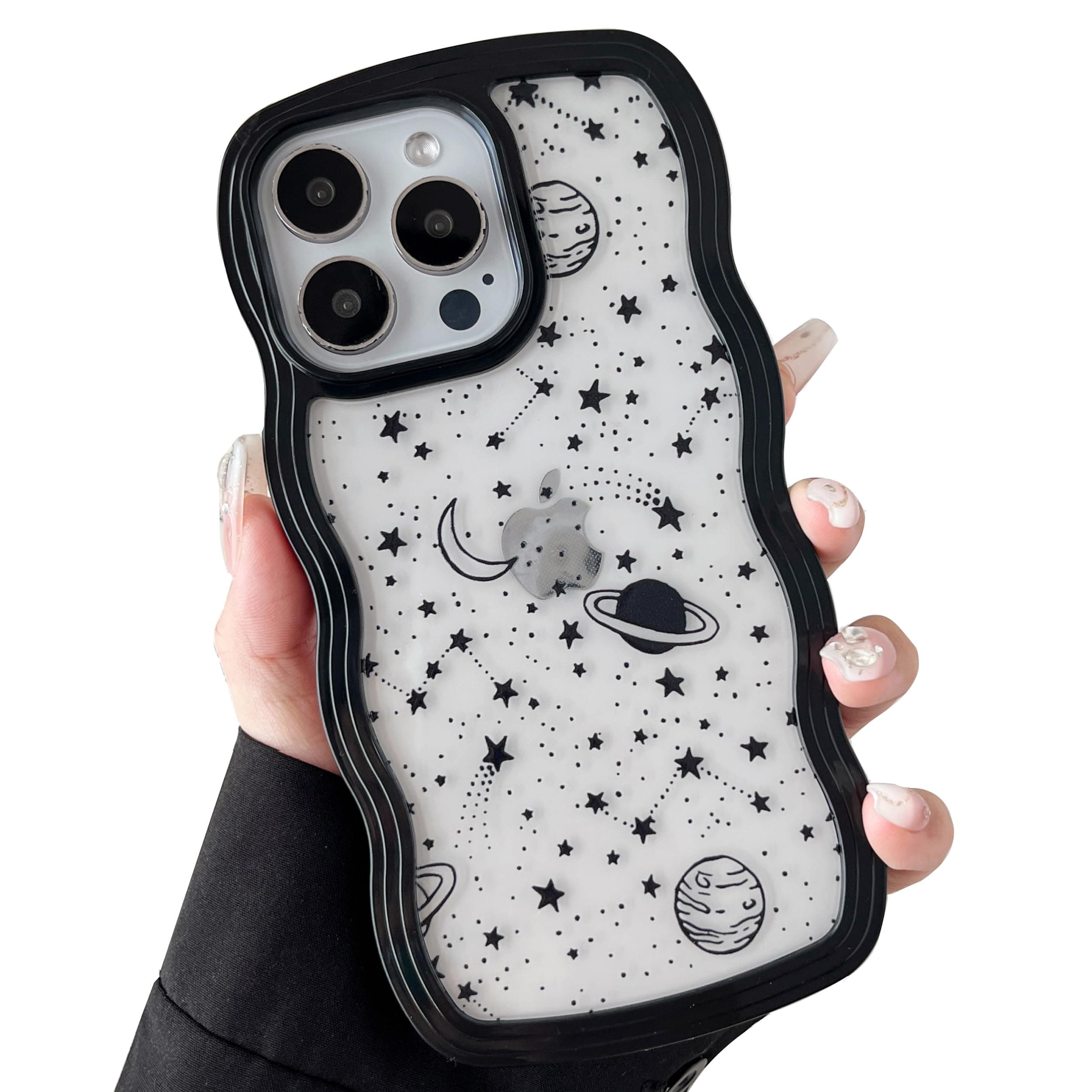 ZTOFERA Wavy Case for iPhone 14 Pro (6.1"), Cute Clear Protective Case with Planet Star Moon Pattern, Hard PC Colored Wave Frame Soft Silicone Bumper Shockproof Cover for Girls Women, Black