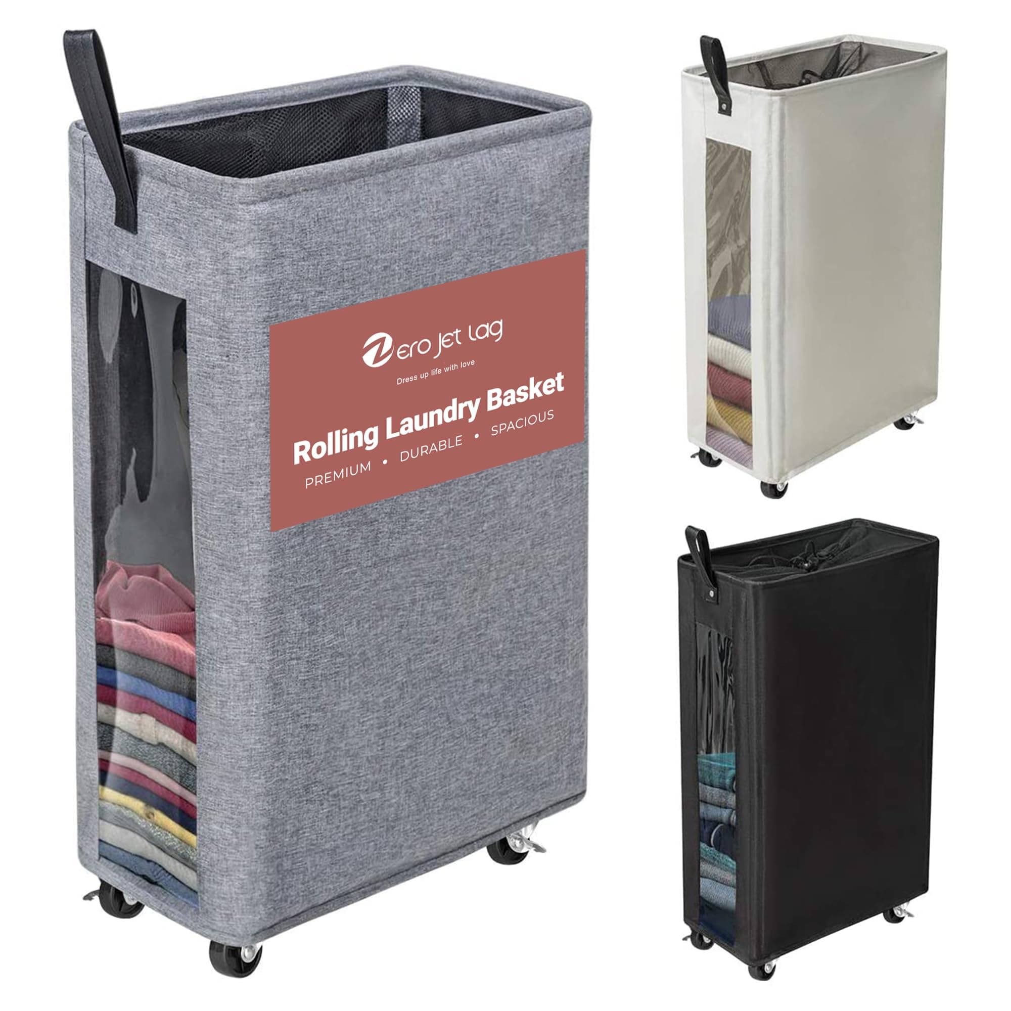 ZERO JET LAG 25 Inches Slim Laundry Storage Hamper - Large Rolling Clothes Hamper - Rolling Storage Bin - Tall Corner Basket - Clear Window Visible - Dirty Laundry Bin - Heather Gray