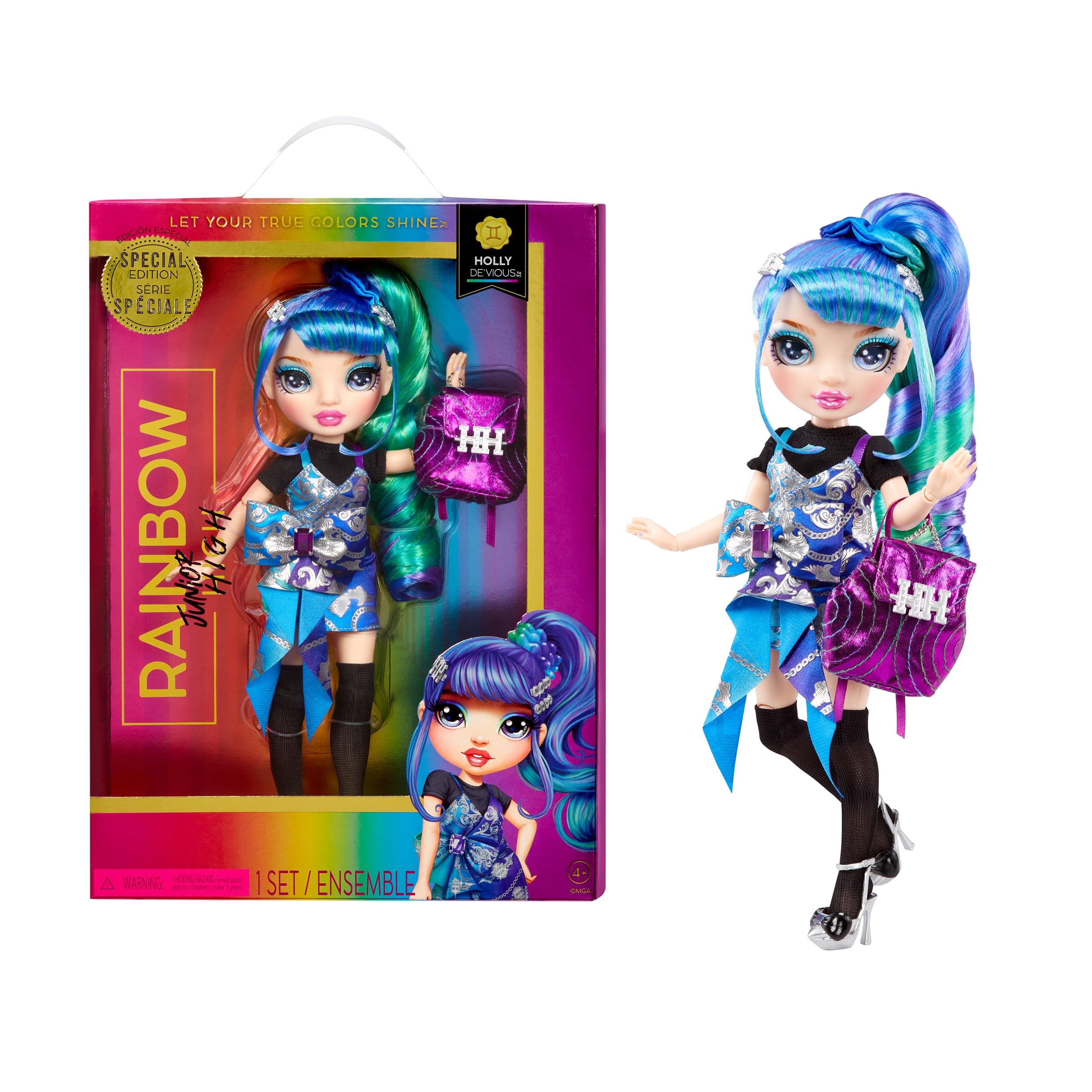 Junior High Special Edition Holly De’Vious - 9" Blue and Green Posable Fashion Doll with Accessories and Open/Close Soft Backpack. Great Toy Gift for Kids Ages 4-12