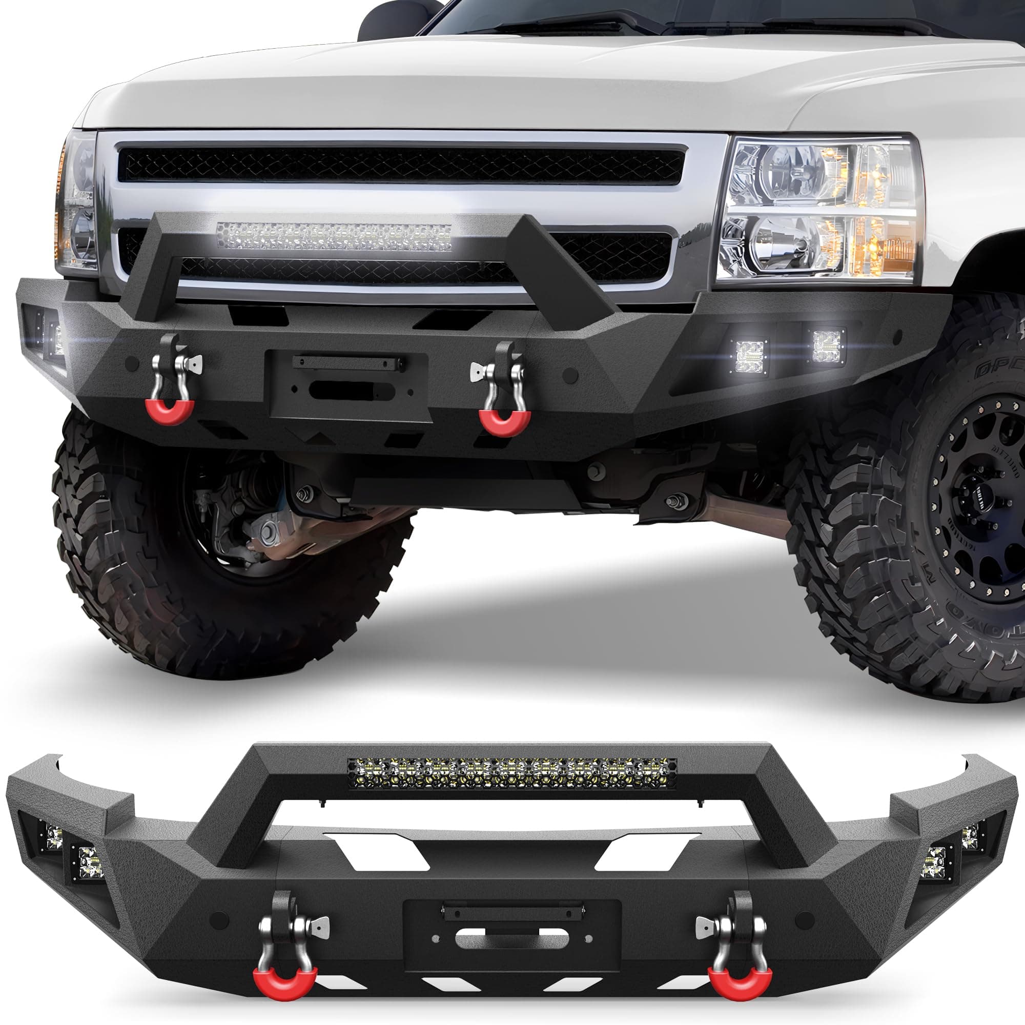 Silverado 1500 Front Bumper for 2007 2008 2009 2010 2011 2012 2013 Chevy Silverado 1500 Pickup, Include Winch Plate, LED Lights and D-rings