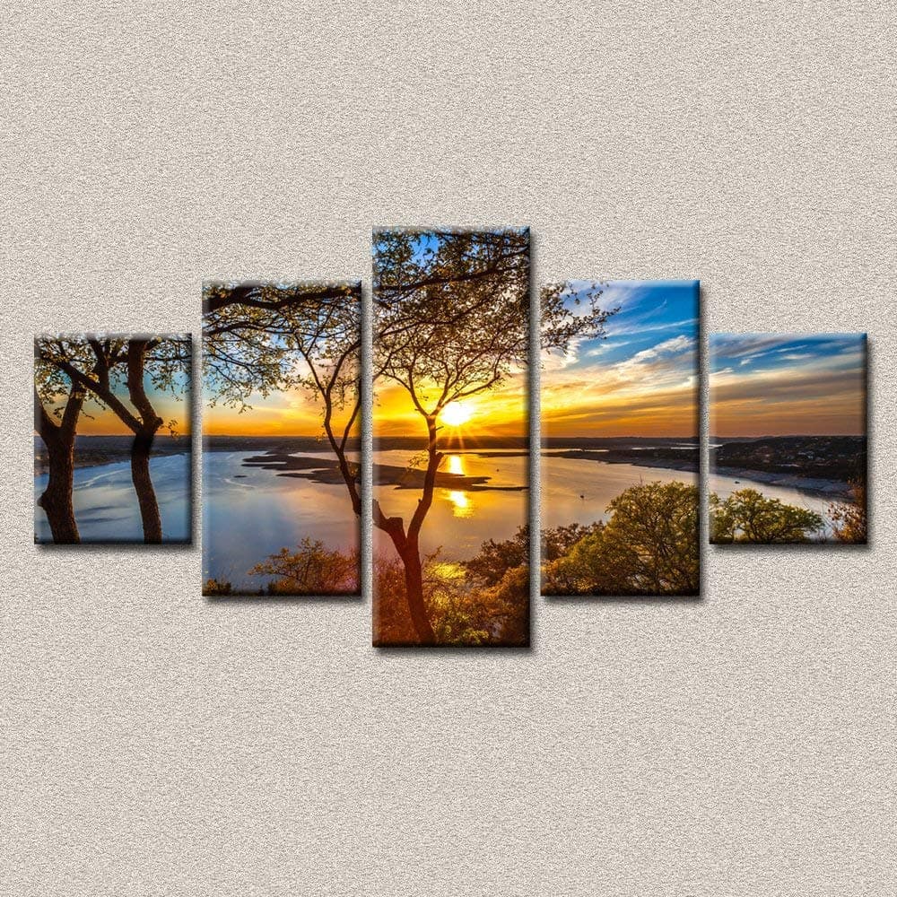 5 Piece Large Sunset Lake Tree Wall Decor Art Modern Nature Landscape Suntrise Scenery Wall Pictures For Living Room Canvas Painting Wall Art Poster Decoracion Vintage