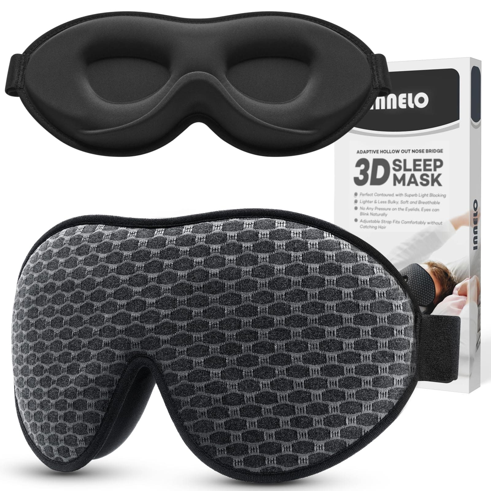 innelo3D Contoured Sleep Mask for Side Sleepers - 100% Light Blocking Sleeping Mask for Men & Women, Soft and No Pressure on Eyes - Airplane Blindfold, Night Eye Cover for Travel, Nap, Yoga - Grey