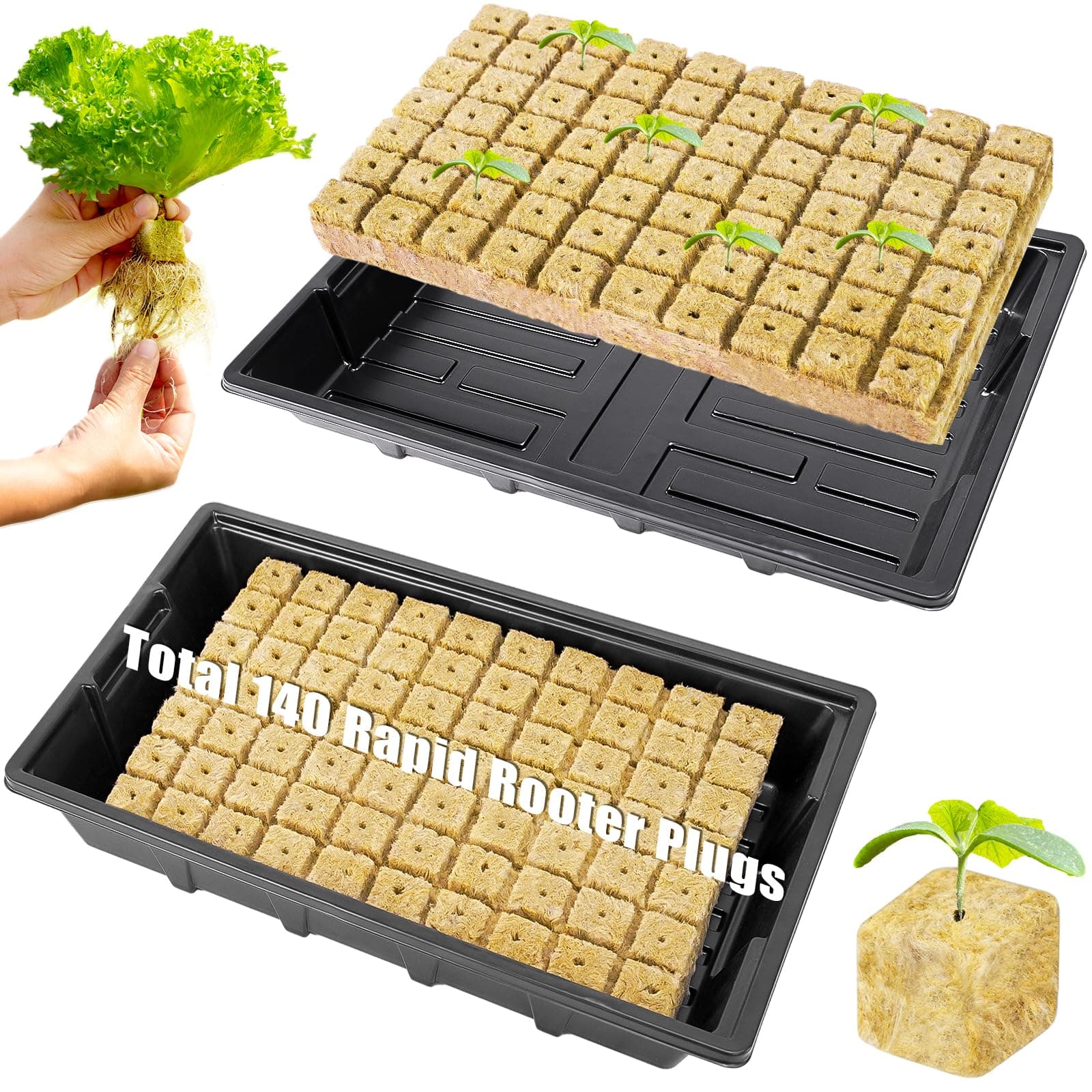 HolyMaji 1" Rockwool Cubes for Hydroponics - 2 Sheets Garden Stonewool Grow Cubes Ideal for Clone Plant, Starting Seed, Cuttings Propagation, Total 140 Rapid Rooter Plugs and 2 Seedling Starter Trays
