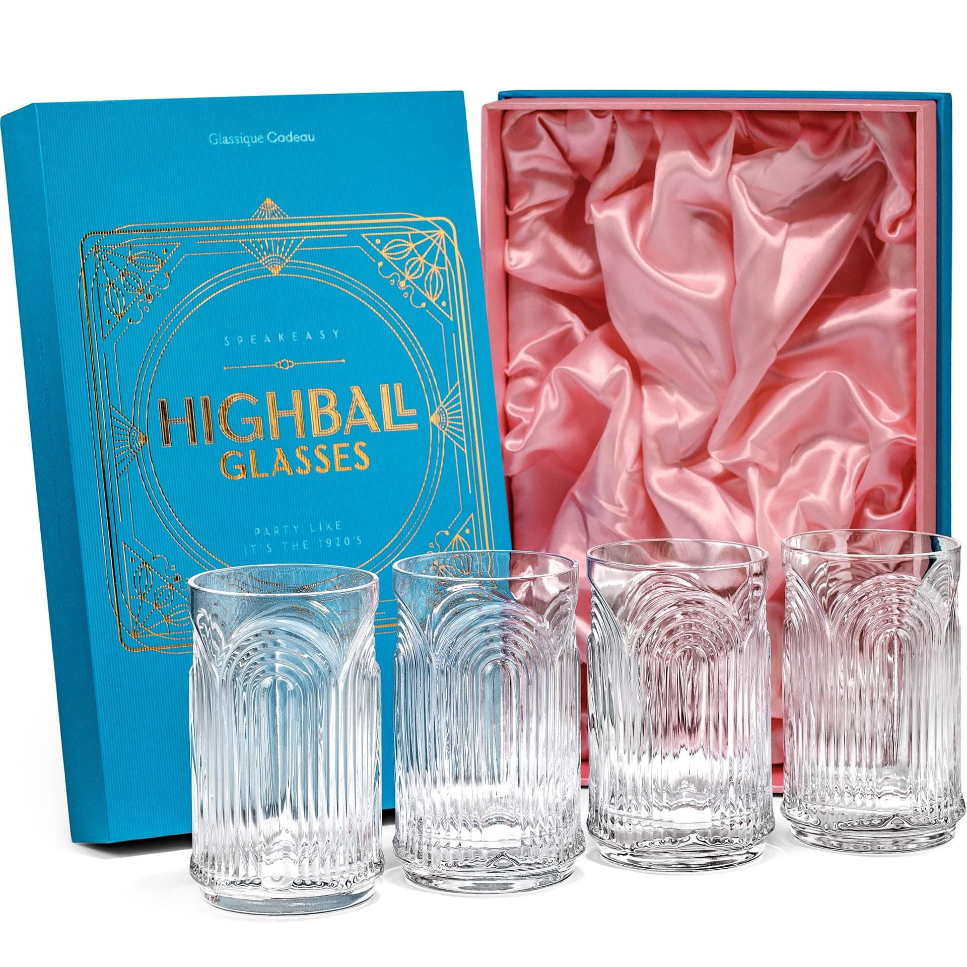 GLASSIQUE CADEAU Vintage Art Deco 1920s Highball Gin Cocktail Glasses | Set of 4 | 400 ml Tall Crystal Tumblers for Drinking Mojito, Whiskey Highball, Classic Long Bar Drinks