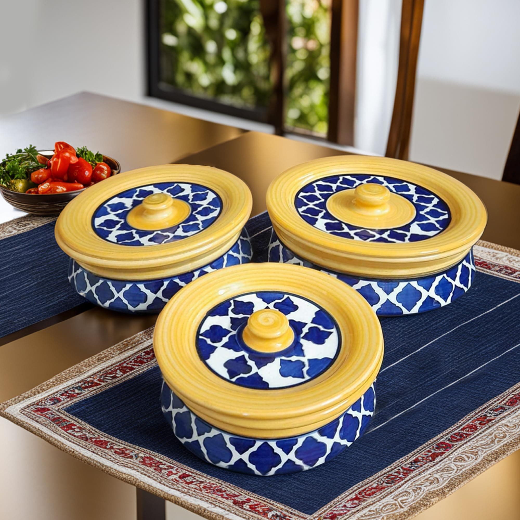 Ceramic Biryani/Curd/Dahi Handi Set with lid | Yellow Blue Handpainted Rice Pot for Serving Dal, Curry - Set of 3 | 1250 ML, 900 ML, 600 ML | Best Gift for mom