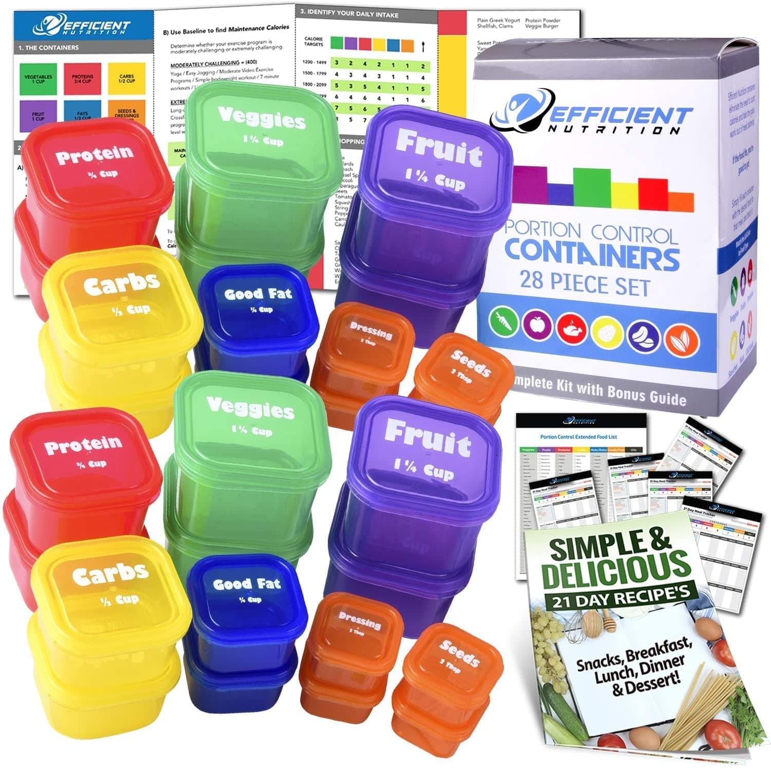 Portion Control Containers DELUXE Kit (28-Piece) with COMPLETE GUIDE + 21 DAY PLANNER + RECIPE eBOOK BPA FREE Color Coded Meal Prep System for Diet and Weight Loss