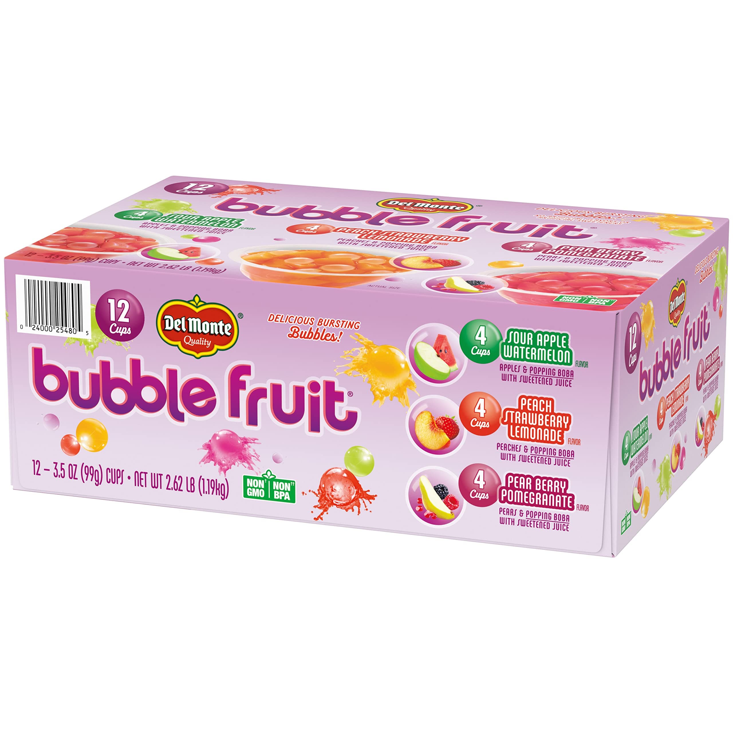 Del Monte Bubble Fruit Snacks Variety Pack, Sour Apple Watermelon, Peach Strawberry Lemonade, Pear Berry Pomegranate, 3.5oz (12 Count) | Popping Boba Pearls, Lunch Snacks, Fruit Cups
