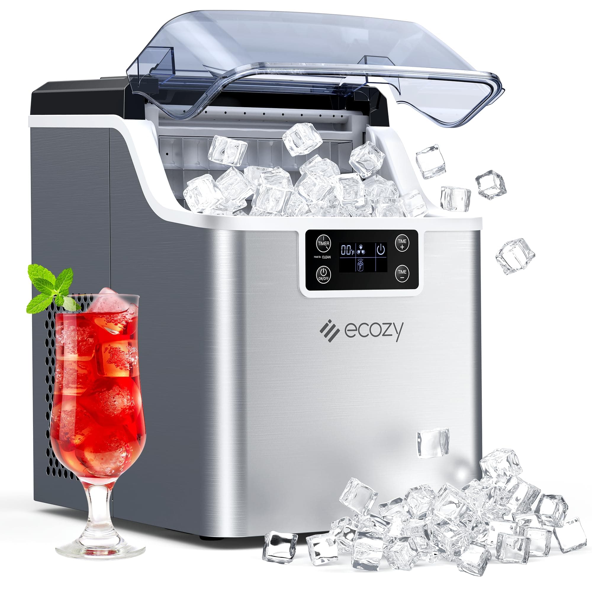 ecozy Ice Cube Maker Countertop, 45 lbs Per Day Ice Machine, 24 Cubes Ready in 13 Mins, Self-Cleaning Function, Perfect for Home Kitchen Bar Party Office, Stainless Steel