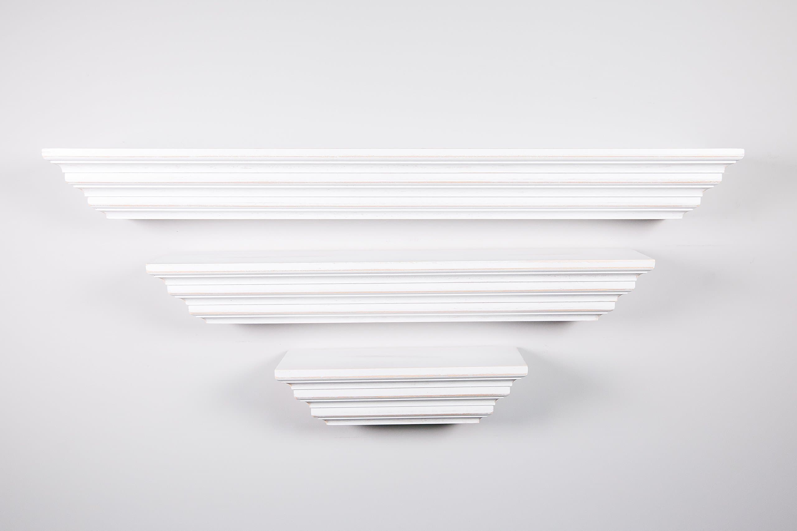 White Distressed Layered Wood Shelf Set (3” Deep) – Lengths 8”, 16” & 22”