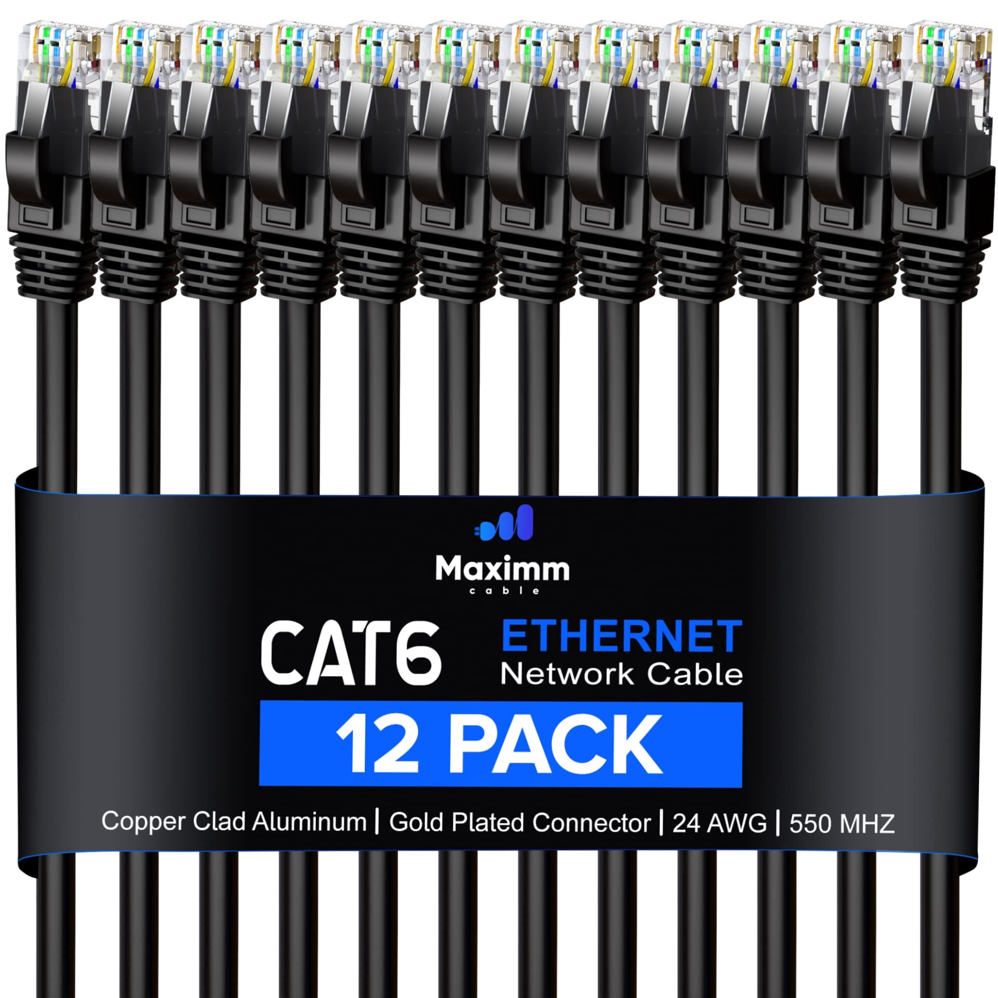 Maximm Cat 6 Ethernet Cable 0.6 ft (7 Inches, 12-Pack) - Ultra High-Speed LAN, Internet, Patch & Network Cable, 10Gbps, 550MHz UTP Ethernet Cord - Black