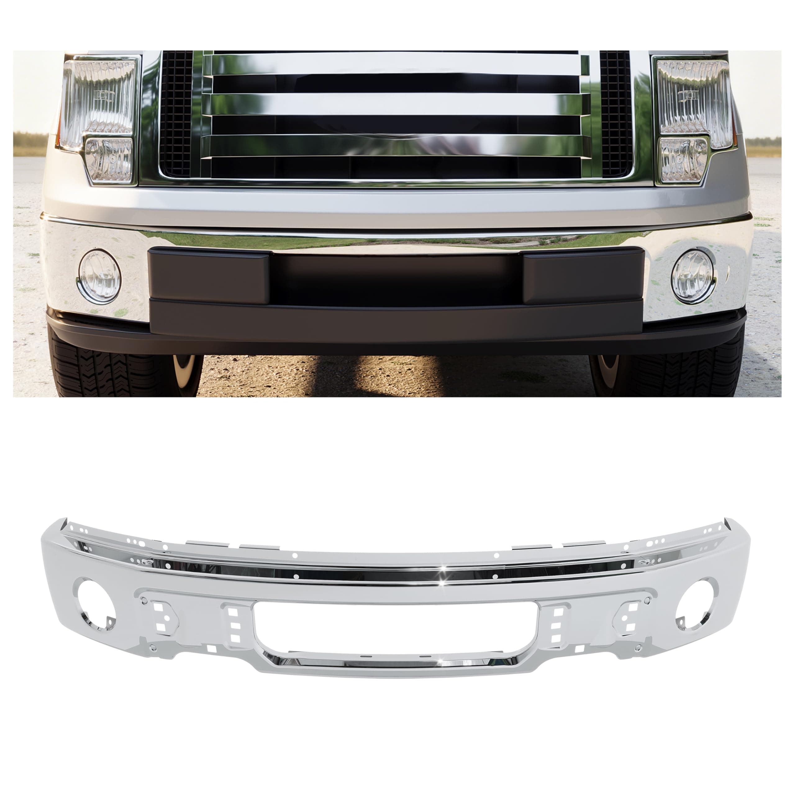 KUAFU Front Bumper Face Bar Compatible with 2009-2014 Ford F150 w/Fog Light Holes Replacement for FO1002411 9L3Z17757B Chrome Steel Silvery