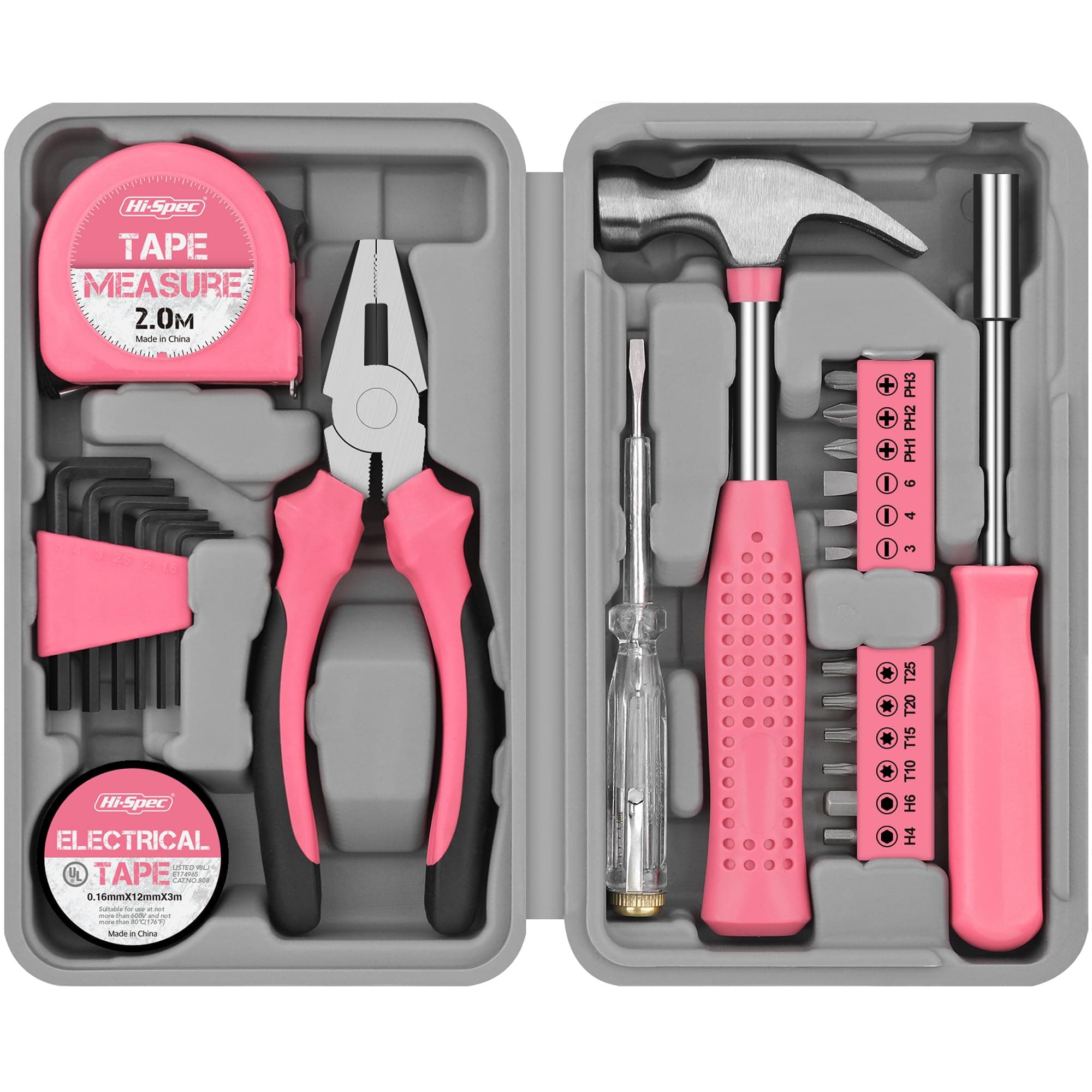 Hi-Spec 25-Piece Small Tool Kit with Knife and Hex Key Included: Basic Essential Tool Set for Home, Office, and College (Light Pink)
