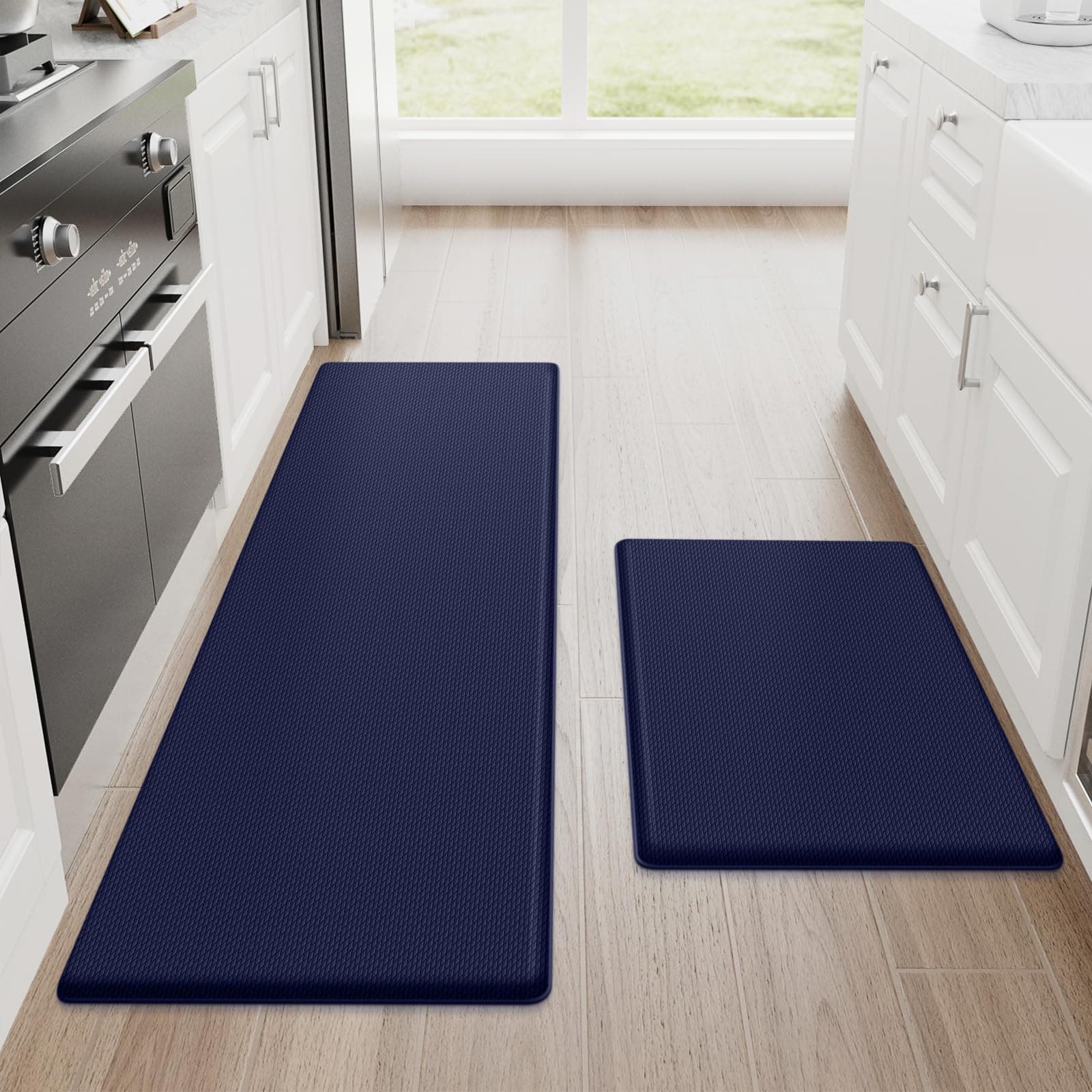 StepRite Kitchen Mats, 2PCS Kitchen Rugs, Cushioned Anti Fatigue Kitchen Mats for Floor, Non-Slip Standing Desk Mat, Waterproof Kitchen Rug Set for Kitchen, Floor, Office, 17.3"x30"+17.3"x47", Blue