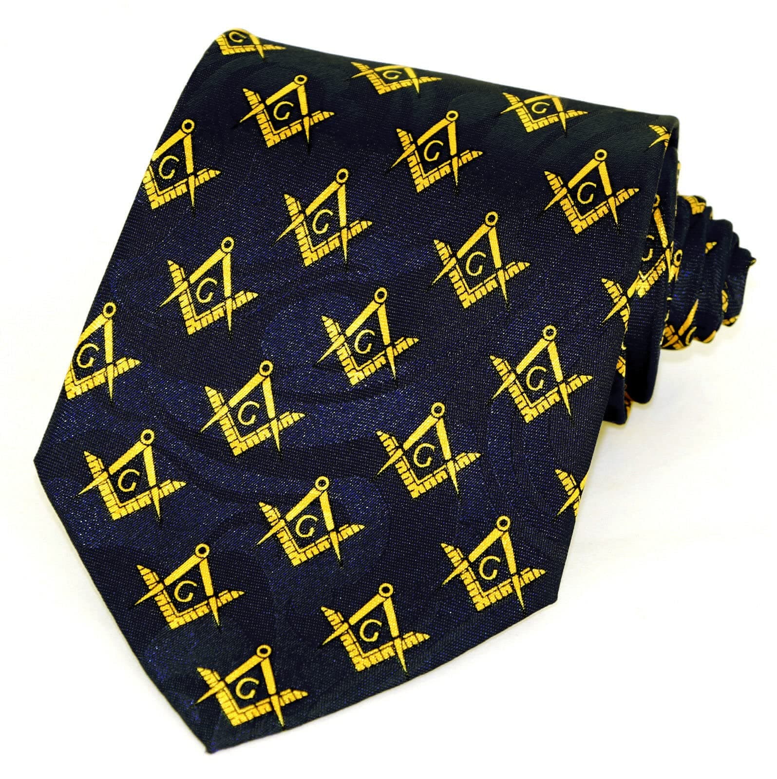 Masonic Neck Tie - Black & Yellow Polyester Long Tie Small Duplicated Masonic Compass & Square design for Freemasons