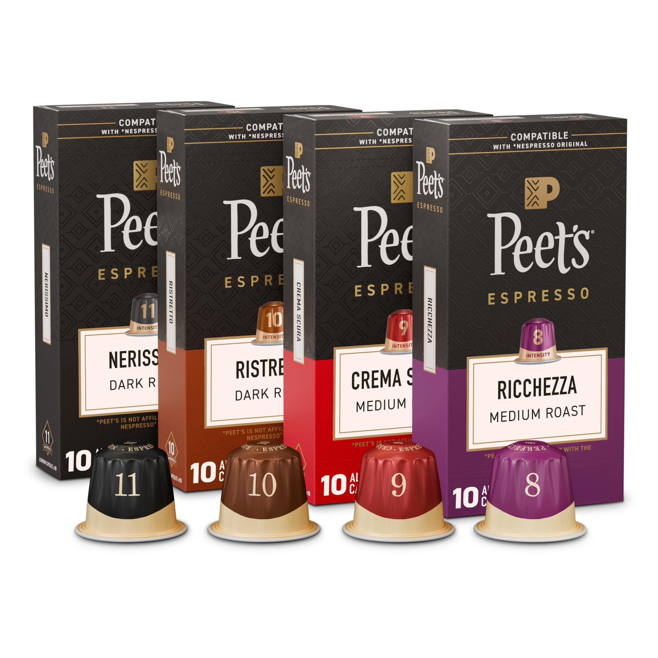 Peet's Coffee Espresso Capsules Variety Pack, 40 Count Single Cup Coffee Pods, Compatible with Nespresso Original Brewers, Crema Scura, Nerissimo, Ricchezza, Ristretto