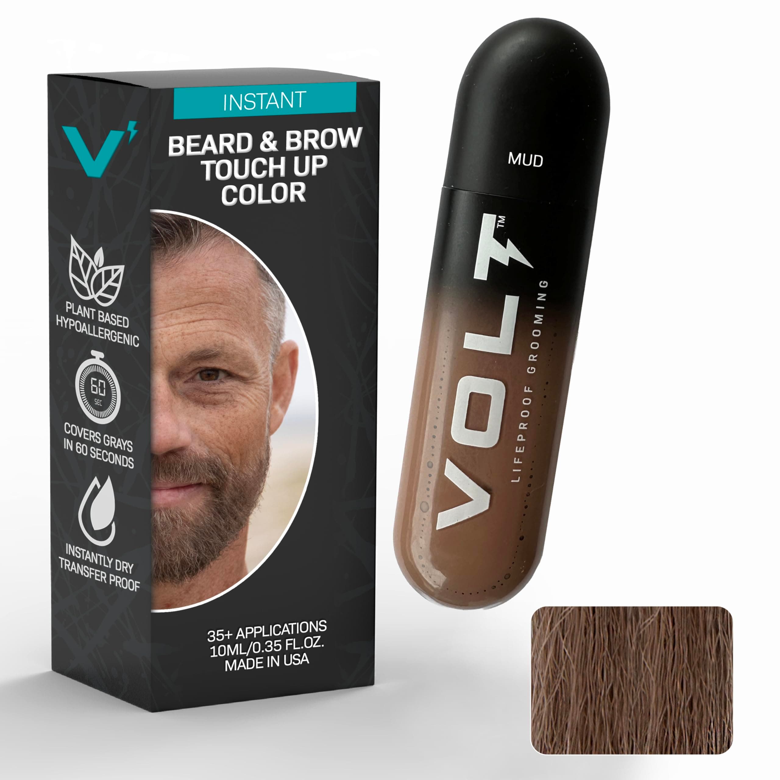VOLT Grooming Temporary Instant Beard Color for Men, Quick Drying Plant-Based Brush On Beard, Hair, Mustache & Eyebrow Color, Safe for Sensitive Skin, Mud Brown, 1 Pack, Up to 35 Applications