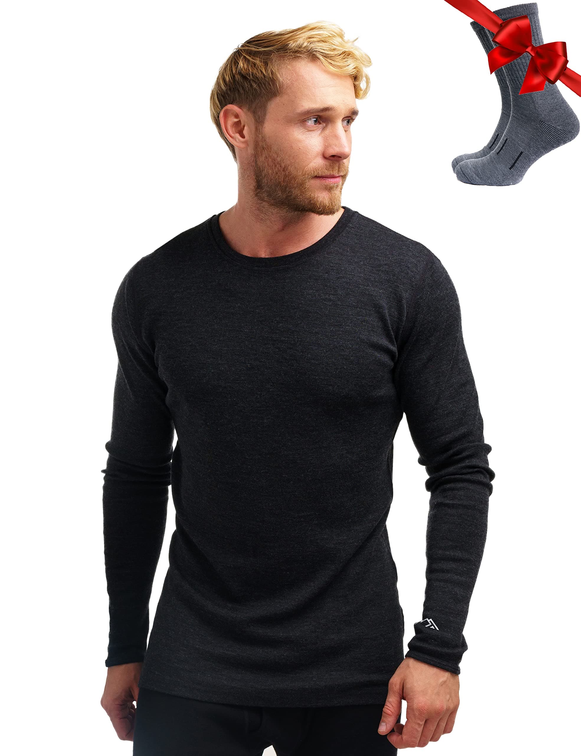 Merino Wool Base Layer - Mens 100% Merino Wool Long Sleeve Thermal Shirts Heavyweight, Midweight, Lite with Socks