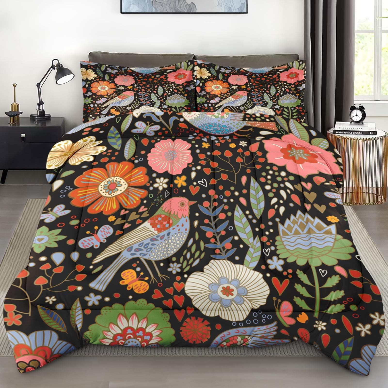 Comforter Set King Size, Retro Floral Bird Soft 3 Pcs Bedding for Kids and Adults, Vintage Chinese Flower Comforter Set with 2 Pillowcases, for Bedroom Bed Decor