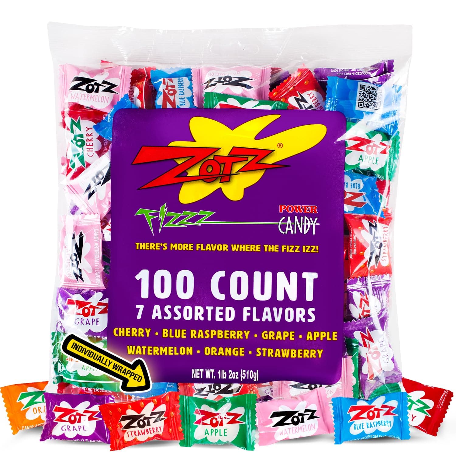 Zotz Fizzy Bulk Candy (Assorted, 100 Units)- Hard Candy Individually Wrapped- Assorted 7 Fruit Flavors, Cherry, Watermelon, Strawberry, Blue Raspberry, Apple, Orange & Grape- From Italy Since 1970