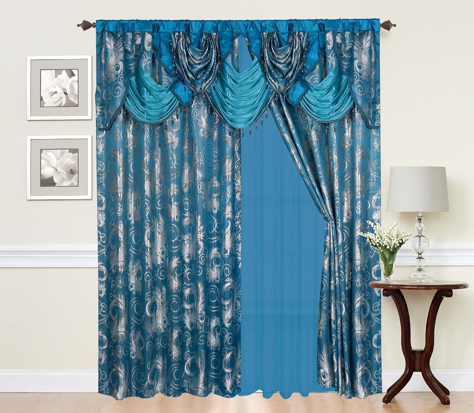 GLORY RUGS Jacquard Luxury Window 2 Panel Set Turquoise Curtain with Attached Valance and Backing Bedroom Living Room Dining 2 Curtains 55x84 inches Each Jana