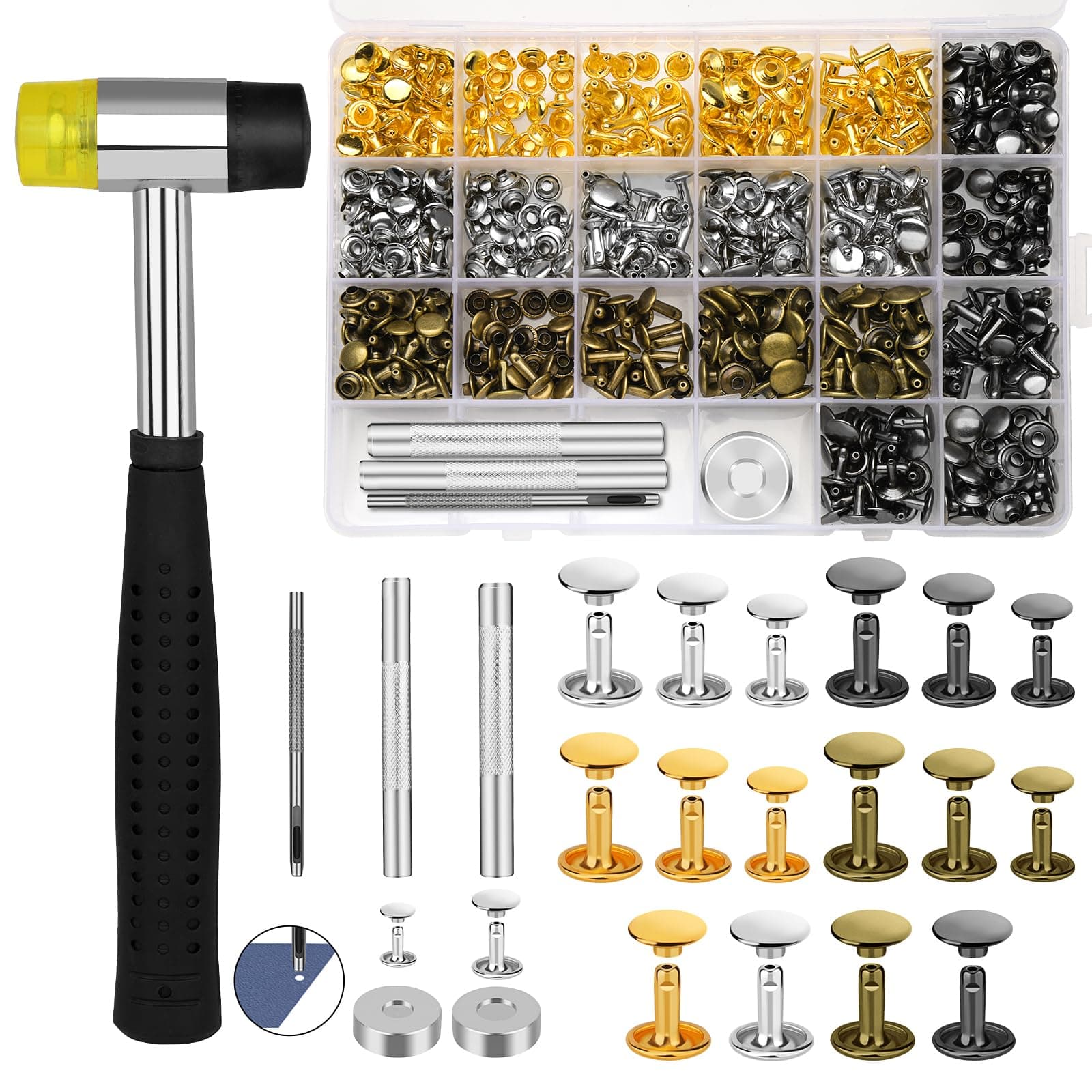 TLKKUE 240 Sets Rivets for Leather 3 Sizes Double Cap Rivets Tubular 4 Colors Leather Rivets with Rubber Hammer Fixing Tool Kit 4 Pieces for DIY Leather Craft Clothes Shoes Decoration and Repair