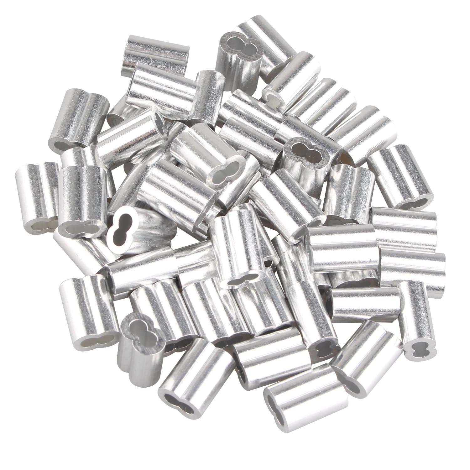 50 pcs Aluminum Crimping Loop Sleeve Clips with Double Ferrules/Holes for 3.0mm Cable Wire Rope Silver Tone