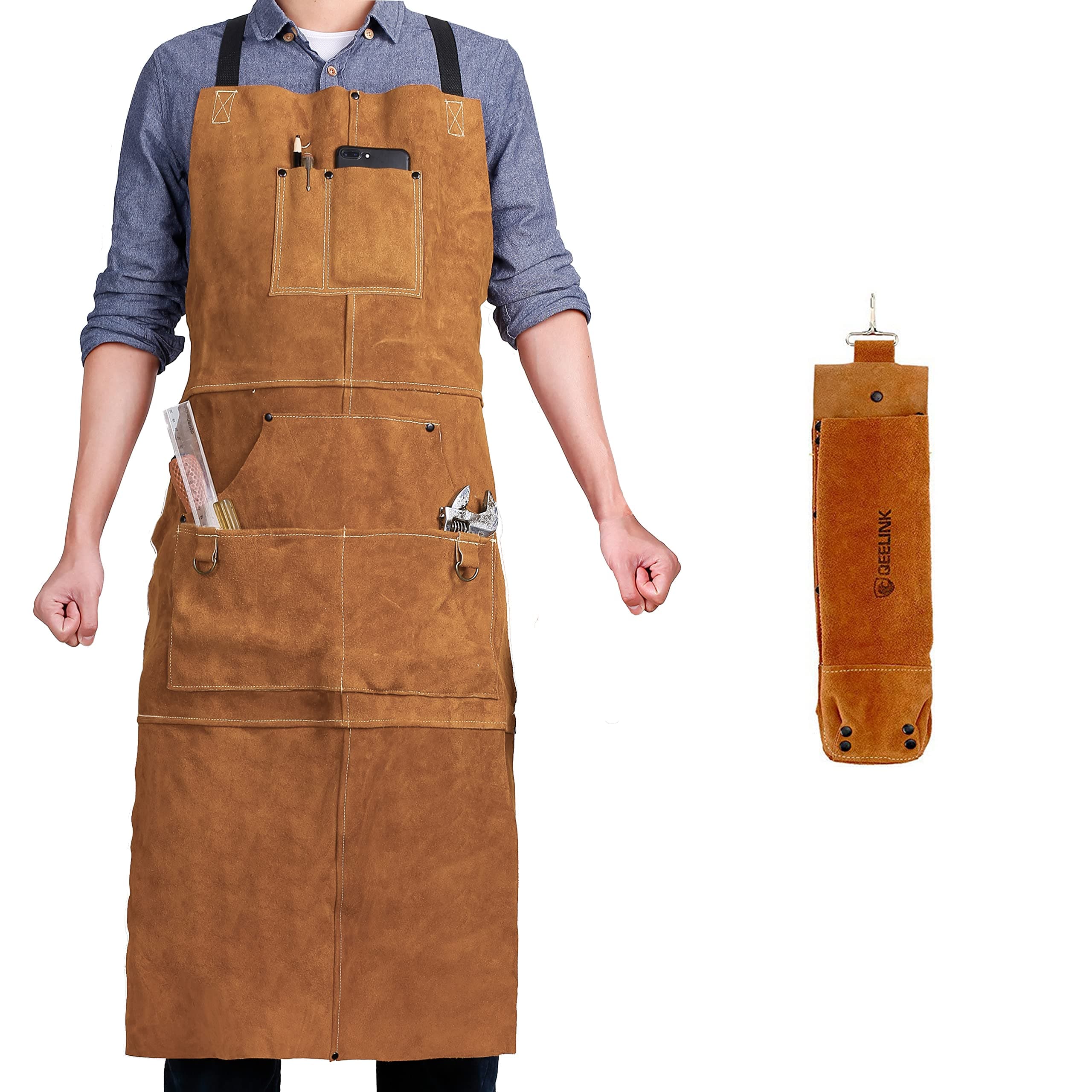 Leather Work Shop Apron with 6 Tool Pockets and Rod Holder by QeeLink - Heat & Flame Resistant Heavy Duty Welding Apron, 24" x 36", Adjustable M to XXL for Men & Women