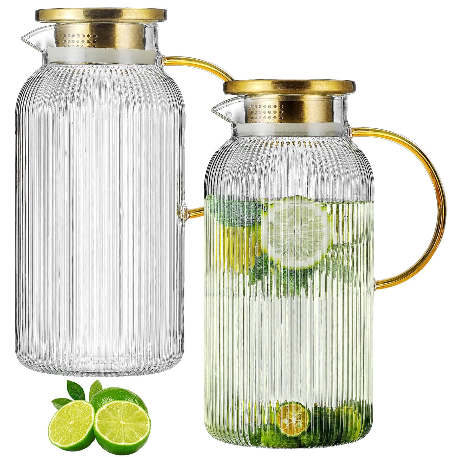 2 PACK Glass Pitcher with Lid, 68 oz/ 2 Liter Classic Vertical Stripes Water Pitcher with Handle,Glass Water Carafe for Cold Brew, Coffee, Lemonade, Iced Sun Tea,Beverage,Heat Resistant
