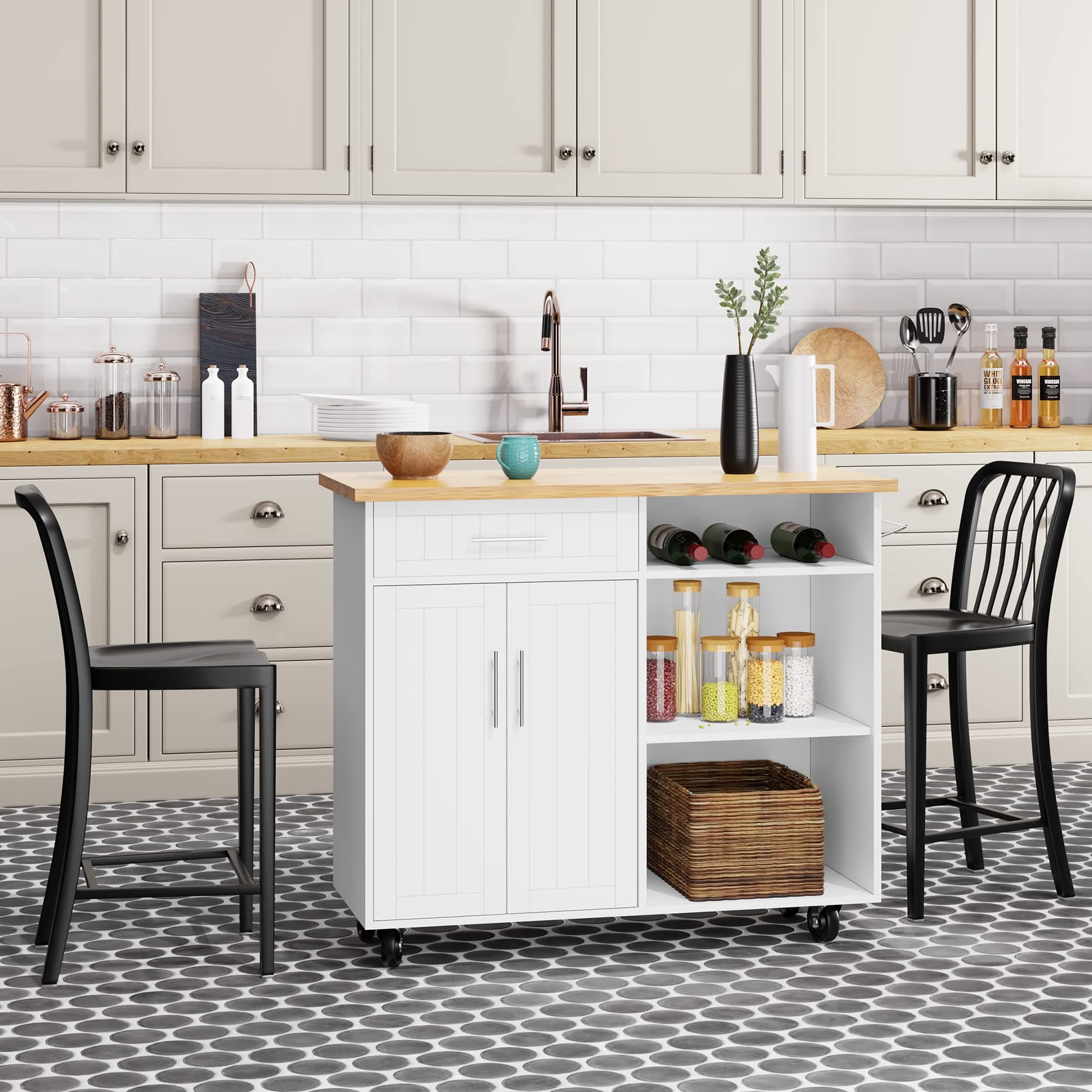 ShintenchiKitchen Island Cart with Storage,Rolling Kitchen Island Side Table on Wheels with Large Worktop,Storage Cabinet,Towel Rack and Drawers for Kitchen,Dinning Room, White