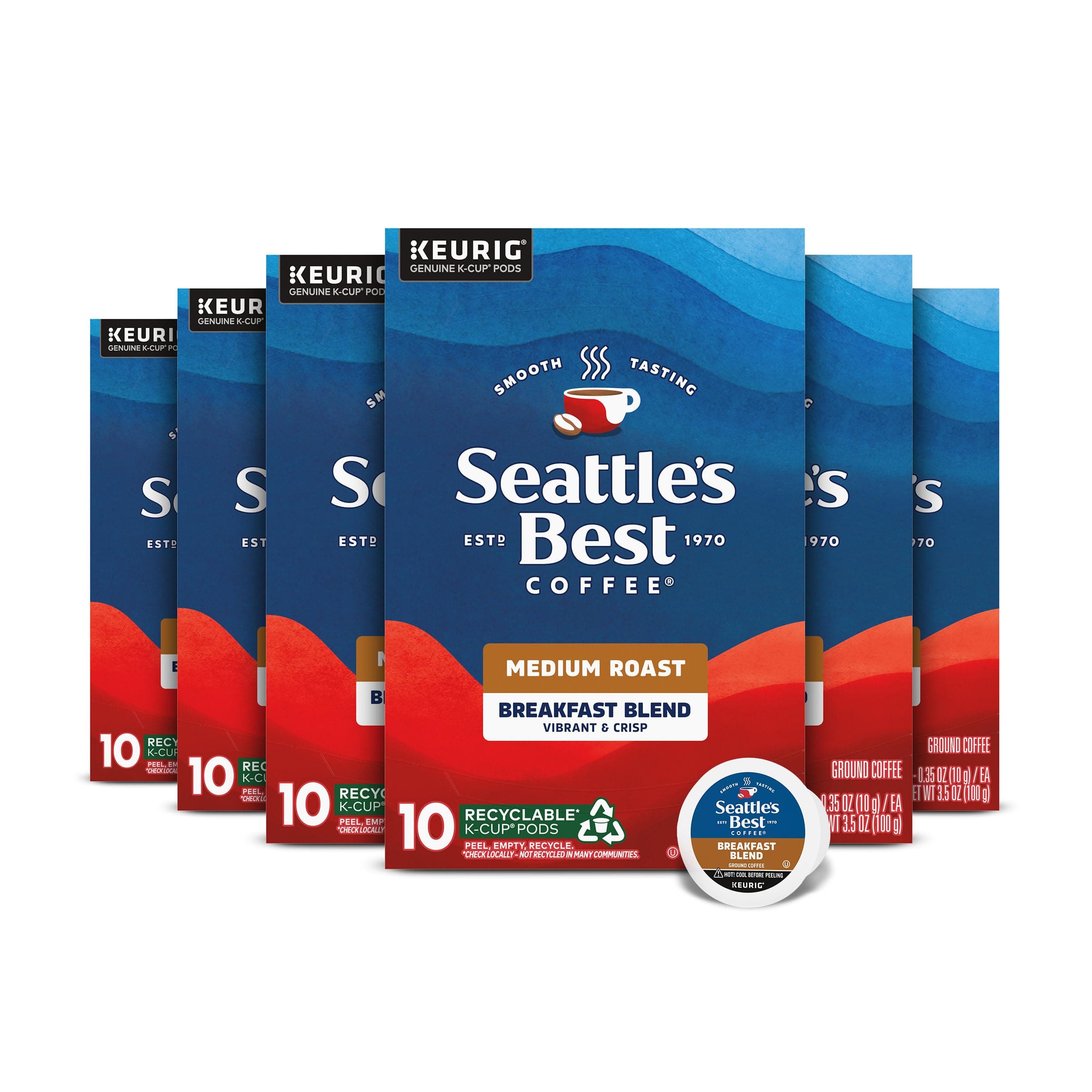 Seattle’s Best Coffee, Medium Roast K-Cup Coffee Pods, Breakfast Blend, 100% Arabica, 6 Boxes (60 Pods Total)