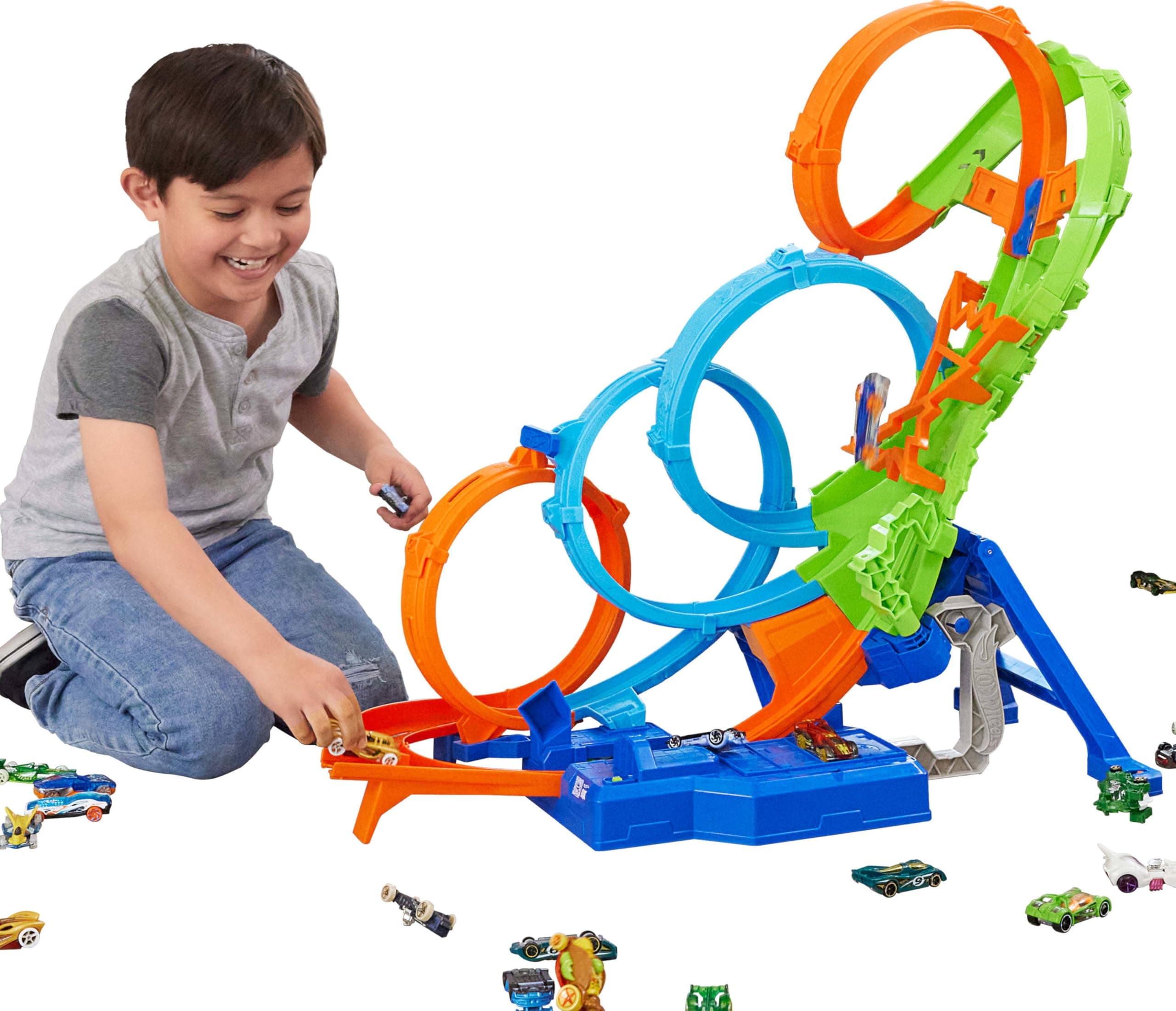Hot Wheels Track Set with 4 Loops, 3-Way Crash Zone & Motorized Booster, Folds for Storage, With 1:64 Scale Toy Car, HXT06