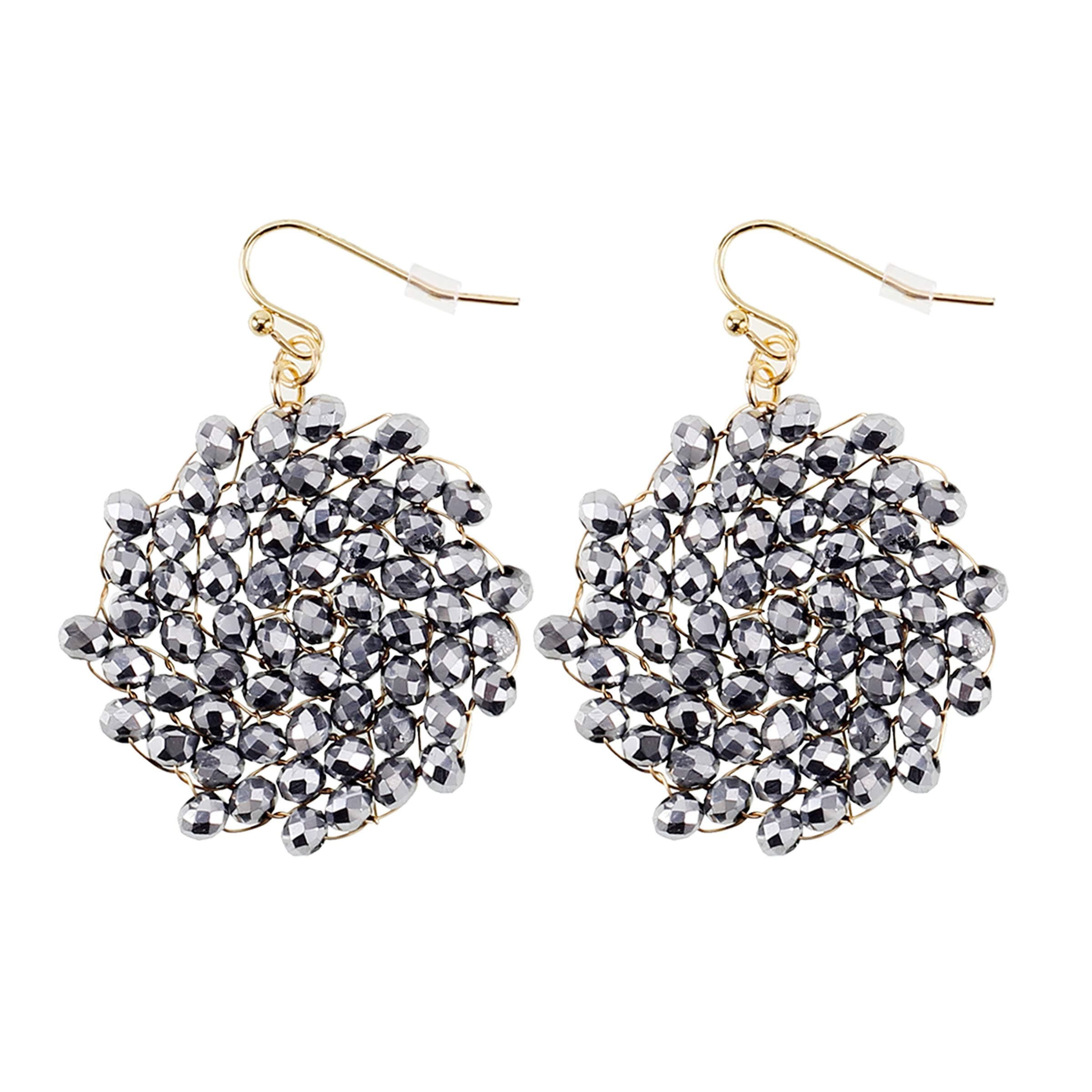 Niumike Handmade Drop Dangle Earrings Crystal Beading Seed Disc Braided Circle Earring Jewelry, Silver