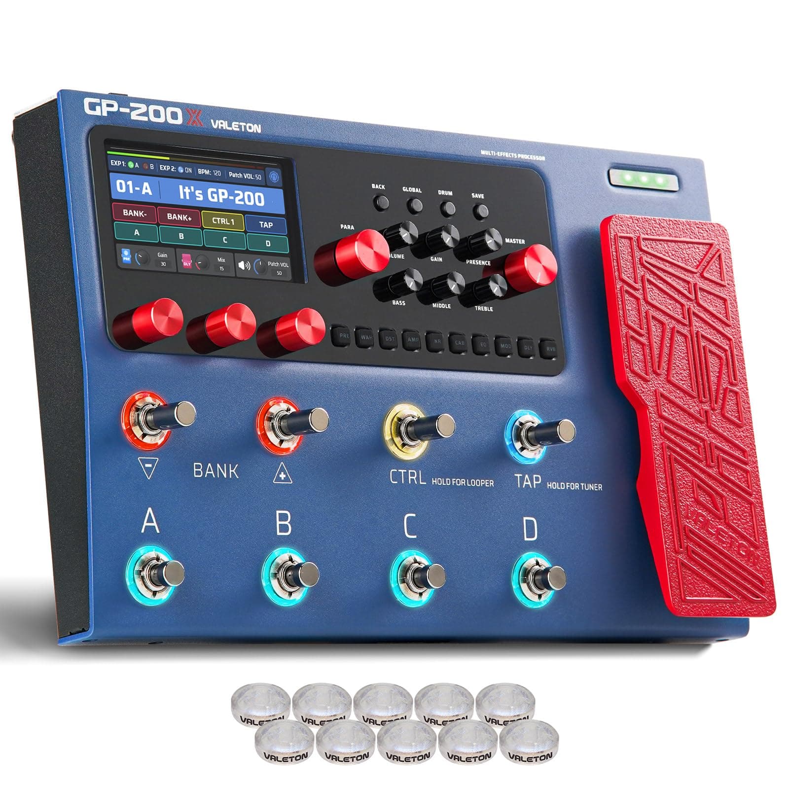 VALETON Multi Effects Processor Pedal with Expression Pedal FX Loop MIDI I/O Amp Modeling IR Cabinets Simulation Stereo OTG USB Audio Interface GP-200X (Include 10 Pcs Additional Footswitch Toppers)
