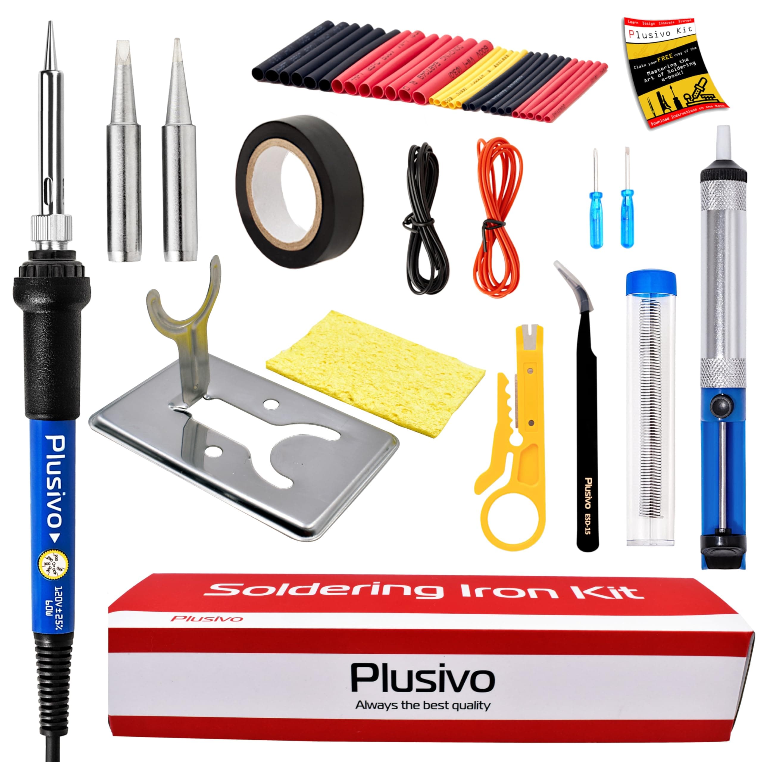 Soldering Iron Kit Electronics, Soldering Iron 60W Adjustable Temperature, Solder Wire, Wire Cutter, Desoldering Pump, Tweezers, Soldering Iron Tips, Mini Stand, Screwdrivers, Heat Shrink Tubing