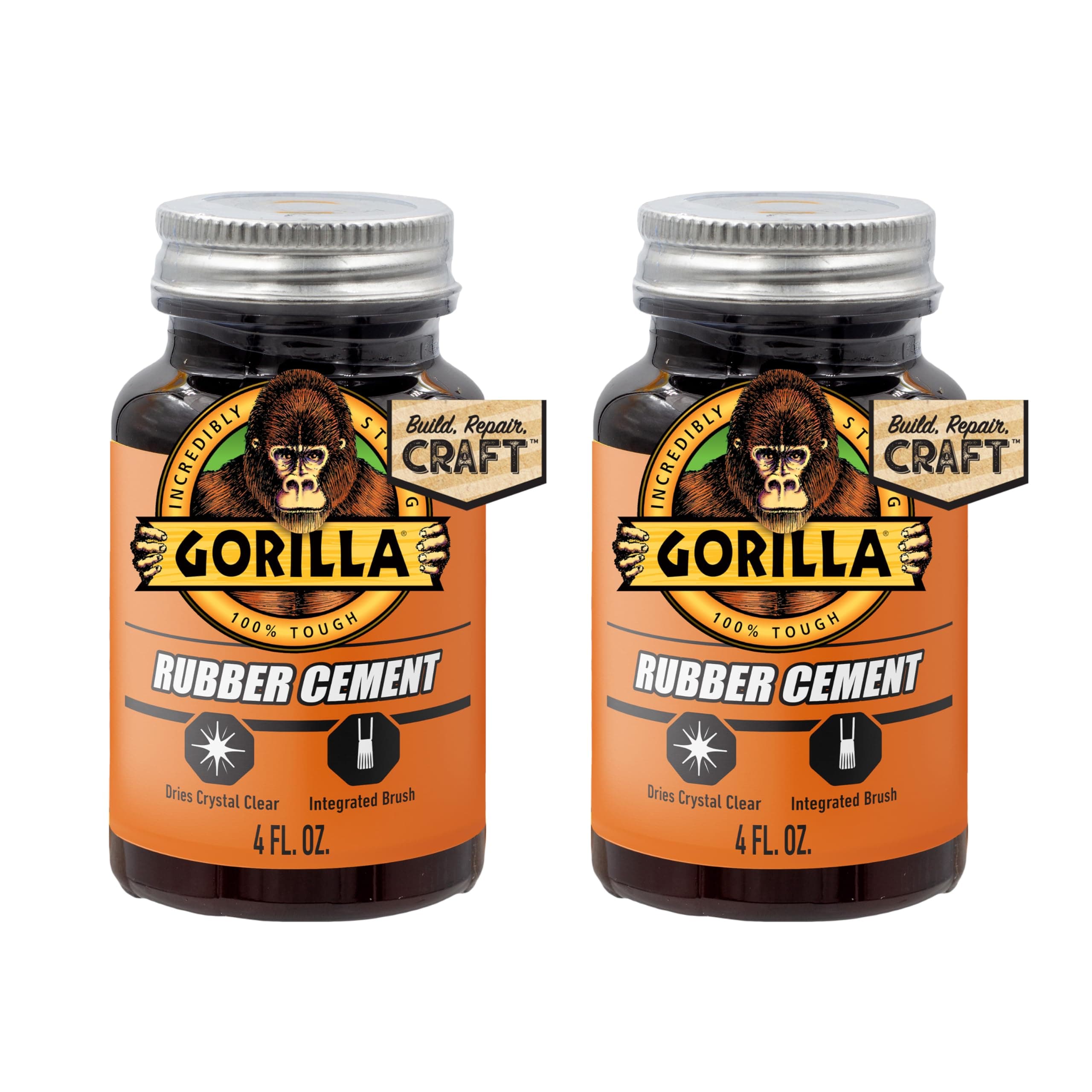 Gorilla Rubber Cement with Brush Applicator, Clear Glue, 4 Fluid Ounces (Pack of 2) - Easy to Use, Non-Wrinkling, Non-Yellowing
