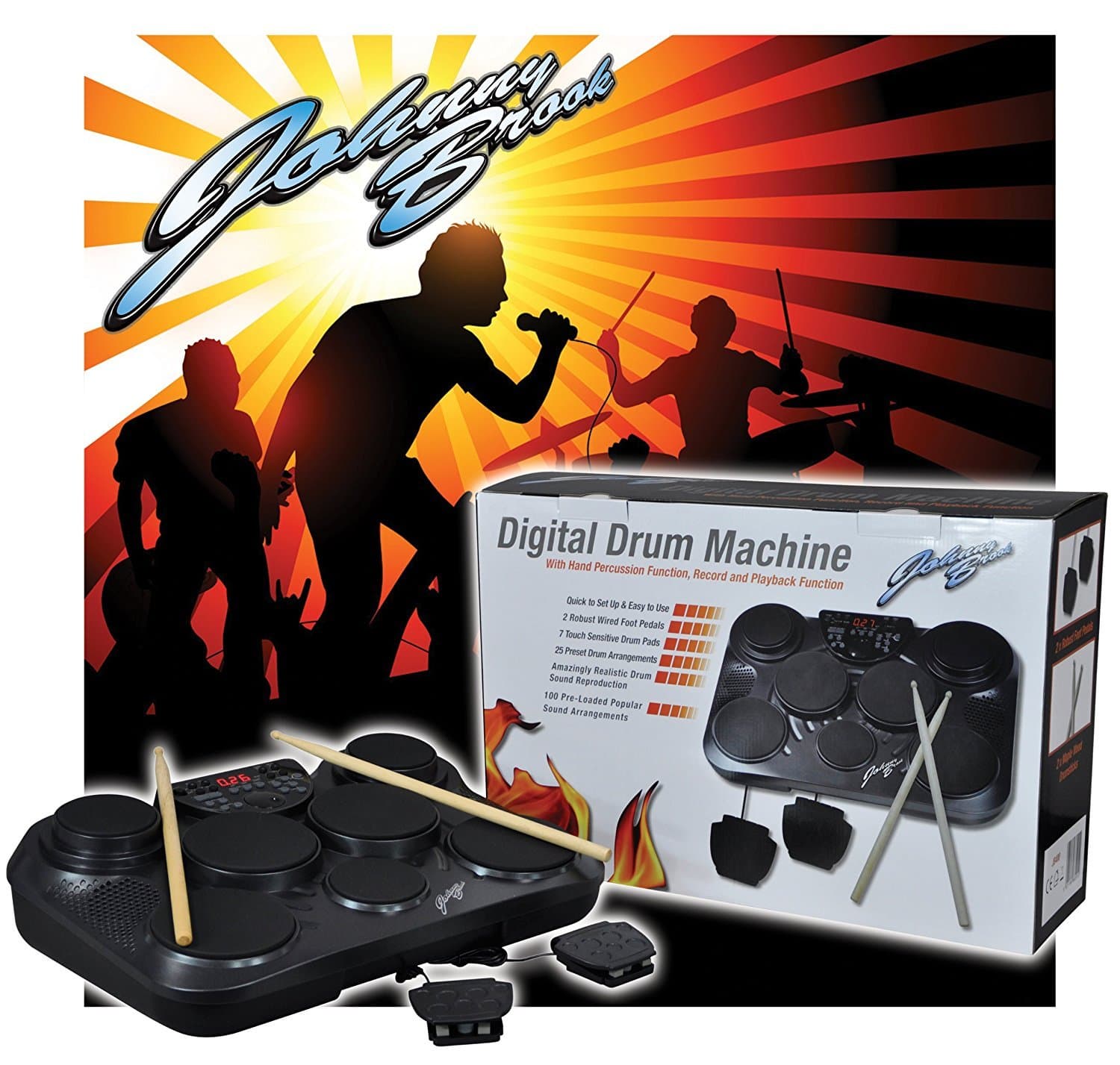 Johnny Brook Tabletop Digital Percussion Drum Kit 7 Touch Sensitive Drum Pads with Record and Playback Function