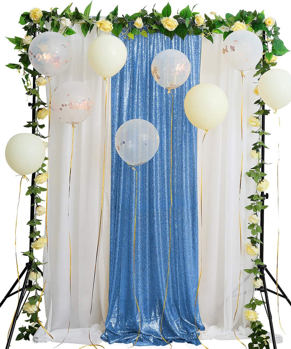 Backdrop Curtain White Chiffon Background 8.8ftx8ft Baby Blue Sequin Photography Background for Party Photo Backdrop Wedding Decor