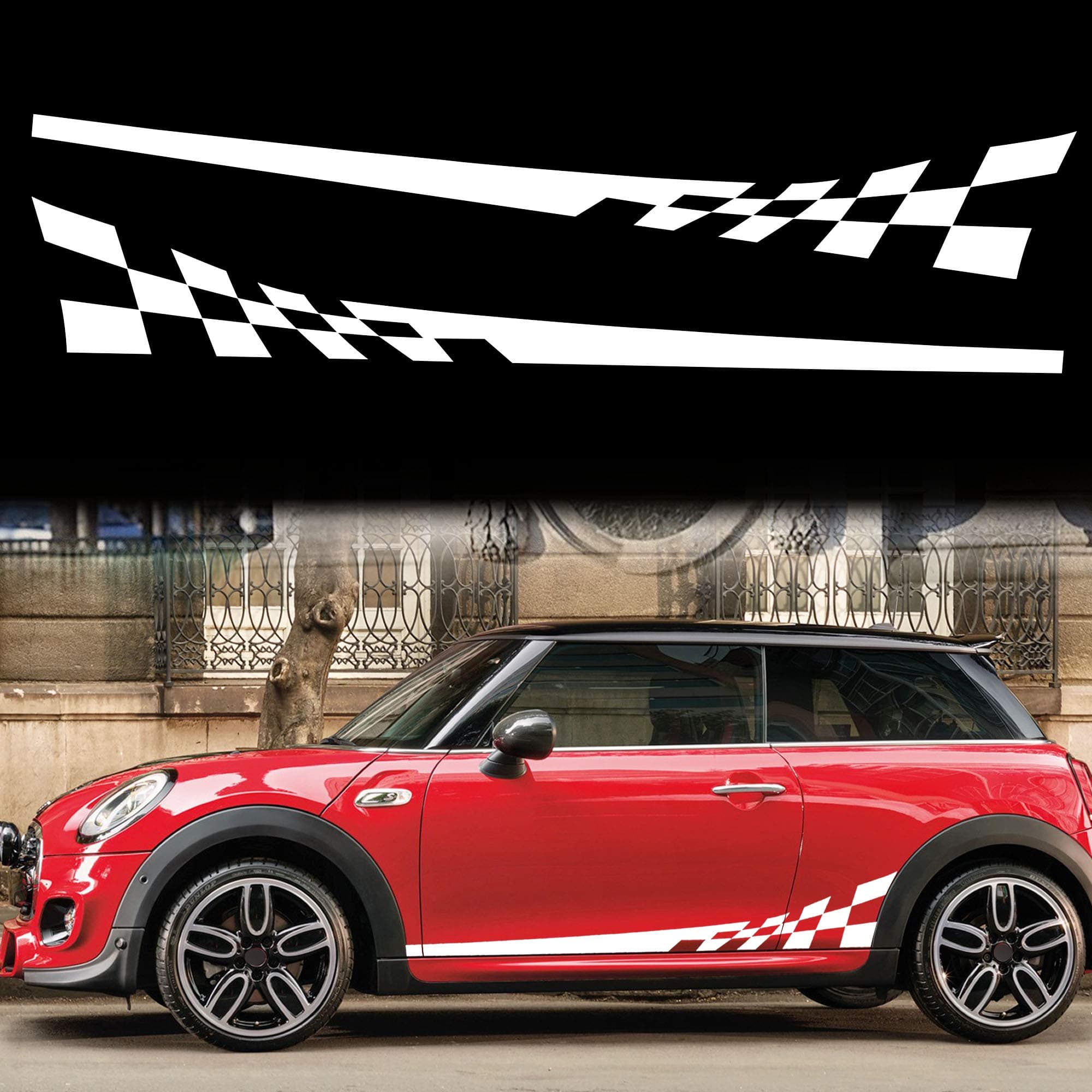 1 Pair 77.2'' Racing Checkered Flag Side Stripe Decals Compatible with Mini Cooper Lattice Grid Stripe Graphic Waterproof Car Door Side Stickers Self-Adhesive Decorations (White)