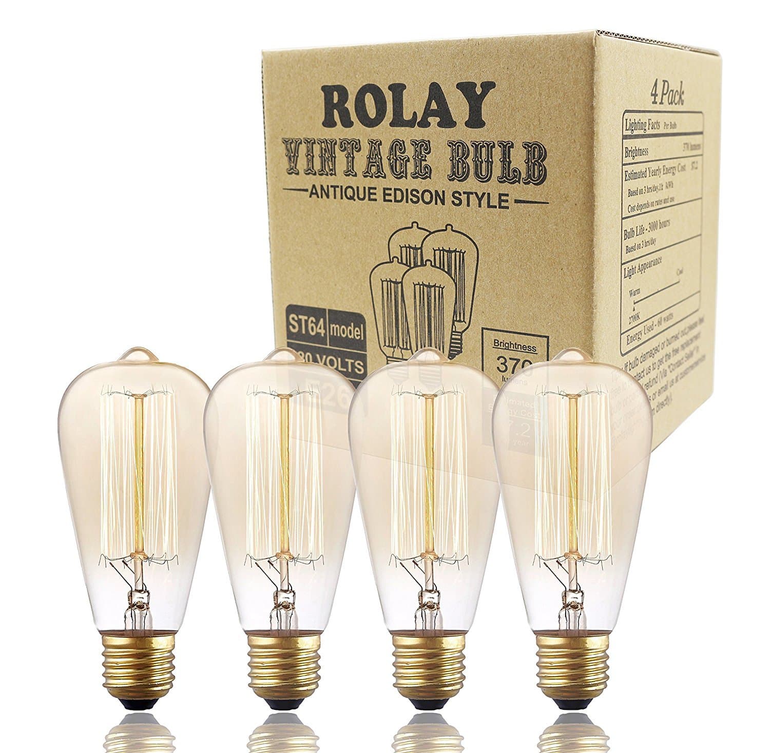 4 Pack, 60 Watt Vintage Edison Light Bulb with Squirrel Cage Filament, 110~130 Volts, E26 Base