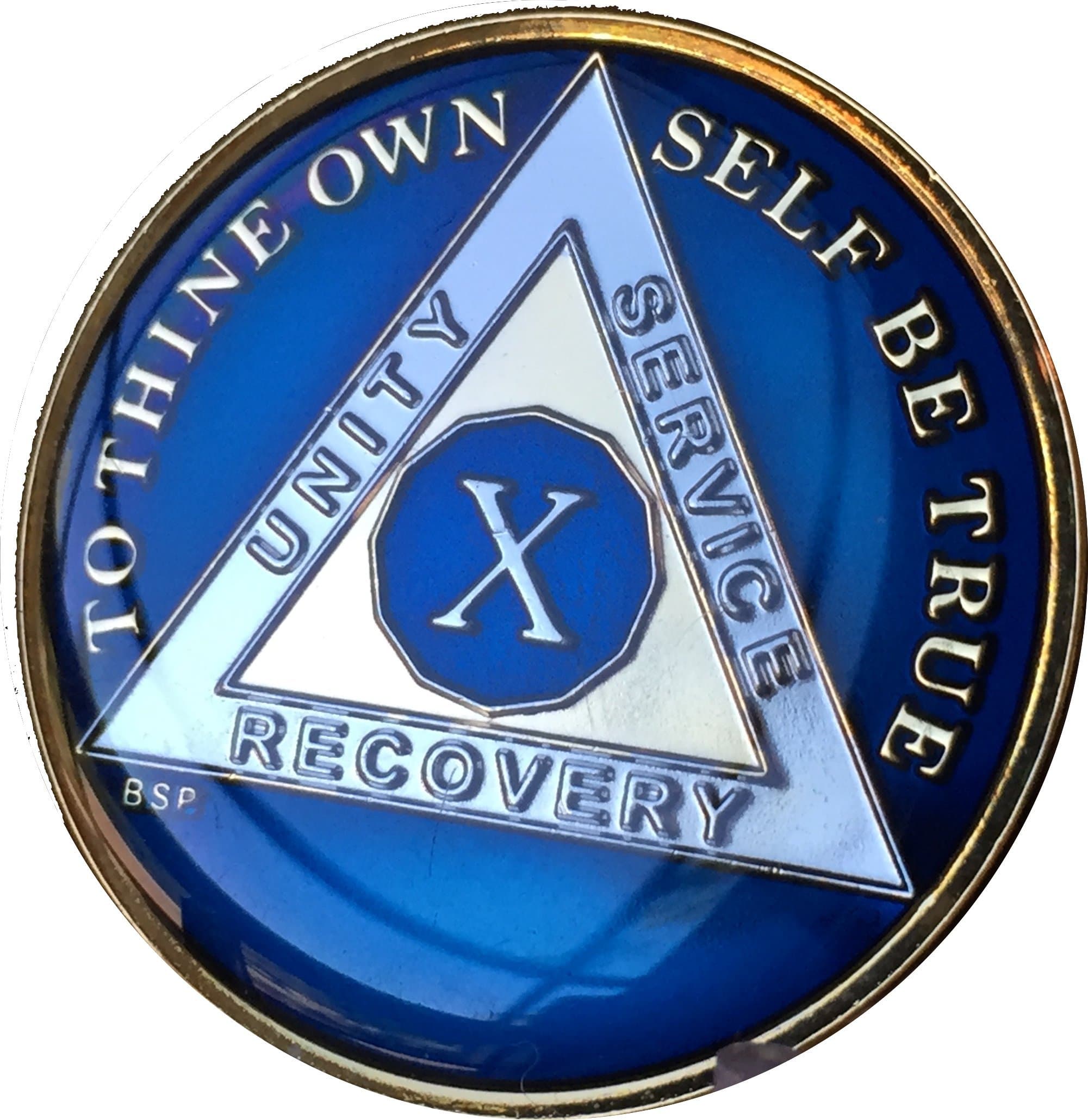 Bright Star Press10 Year Midnight Blue AA Alcoholics Anonymous Medallion Chip Tri Plate Gold & Nickel Plated Serenity Prayer