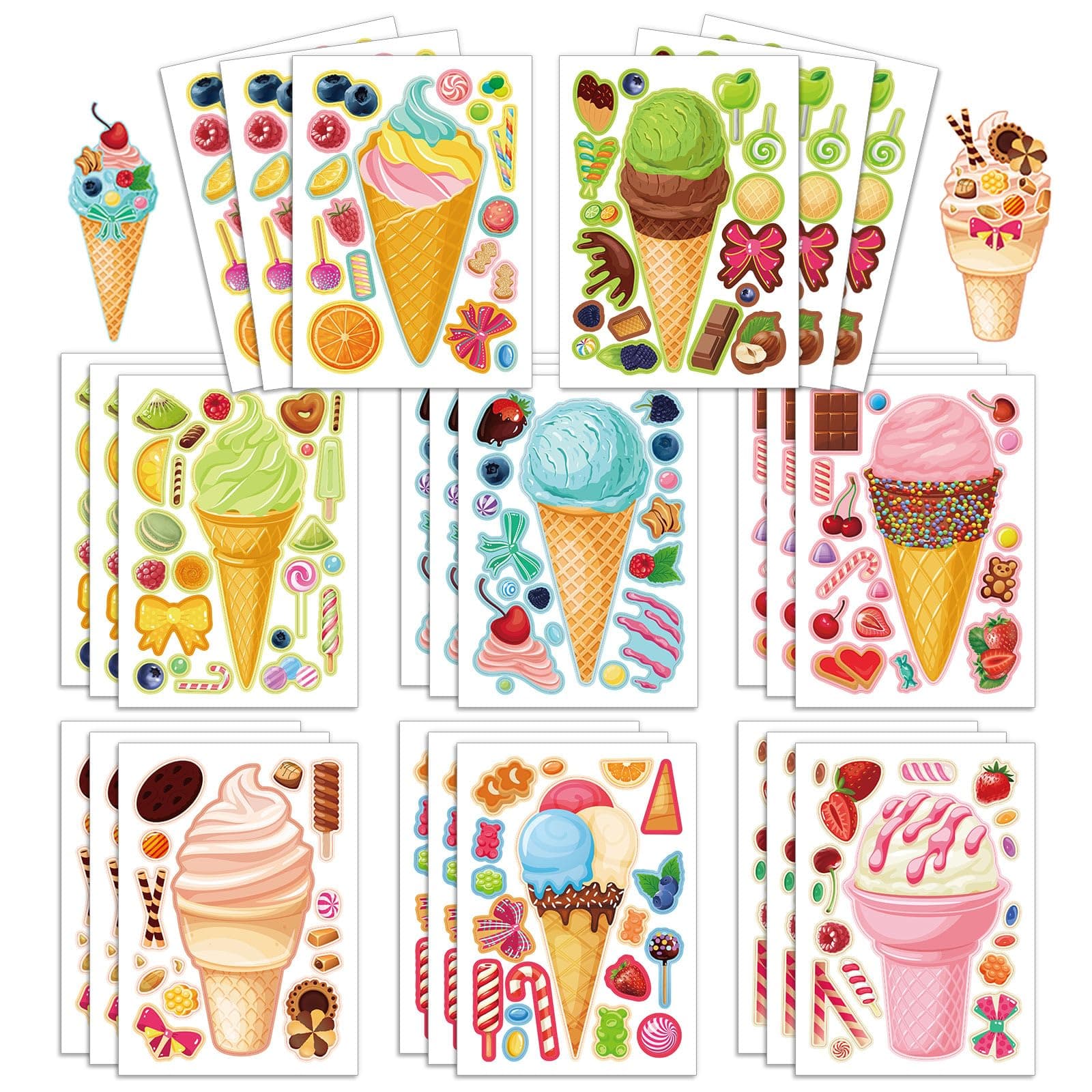 24 Sheets 8.3''×5.9'' Make Your Own Ice Cream Stickers for Toddlers Kids Party Favors, Make a Face Stickers for Kids Activities Supplies Crafts